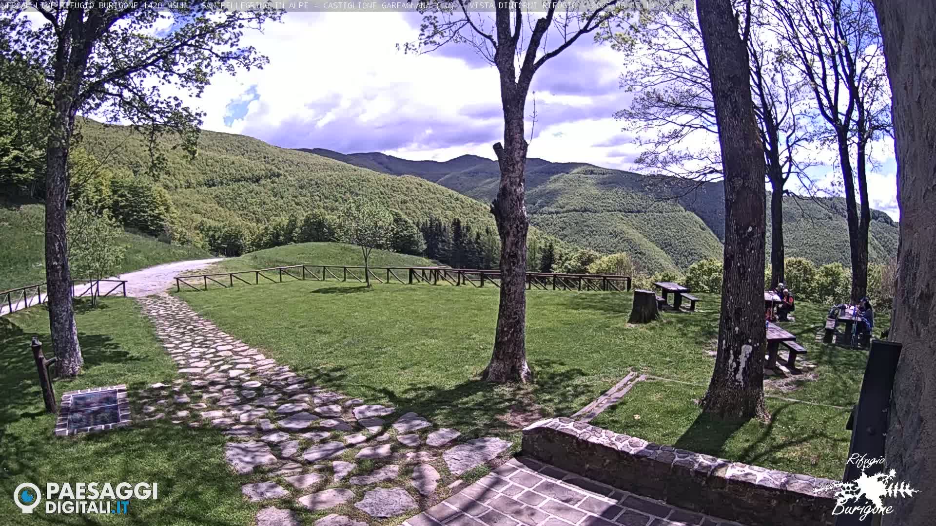 A stone path leads to a grassy area with picnic tables under trees, overlooking a mountain range under a partly cloudy sky.