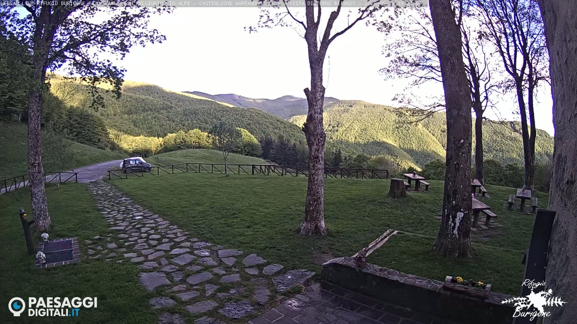 A stone path leads to a car parked near picnic tables in a grassy area, with a mountain range in the background under a partly sunny sky.