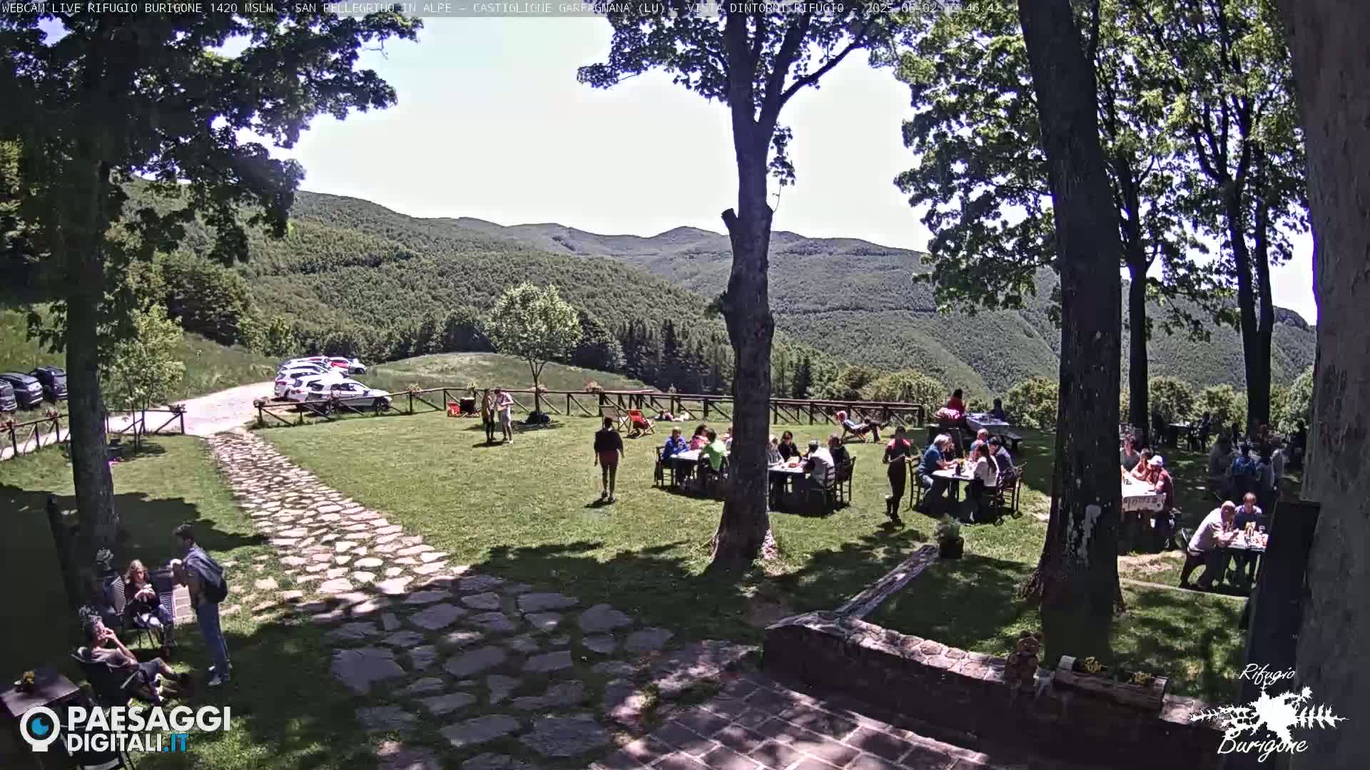 A sunny outdoor scene shows a grassy area with several people sitting at tables, a stone pathway, and a parking lot with cars, all set against a backdrop of verdant hills.
