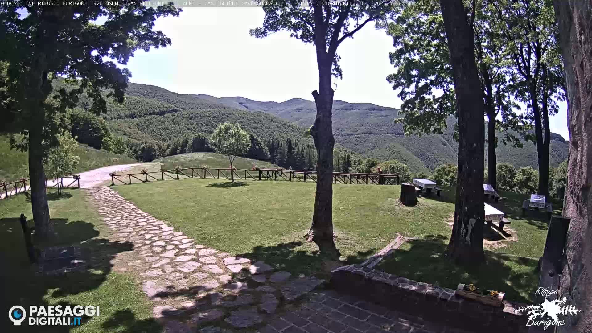 A stone pathway leads to a grassy area with picnic tables and trees, overlooking a mountain range under a mostly sunny sky.