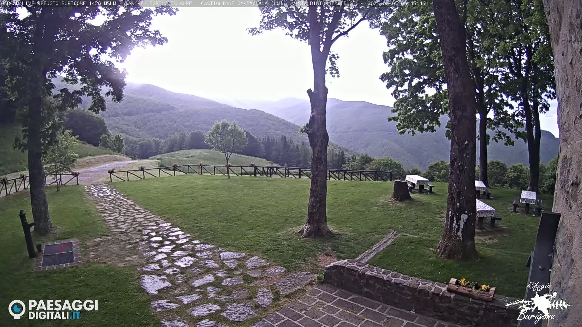 A stone path leads to picnic tables situated on a grassy area overlooking a mountain range under a partly cloudy sky.