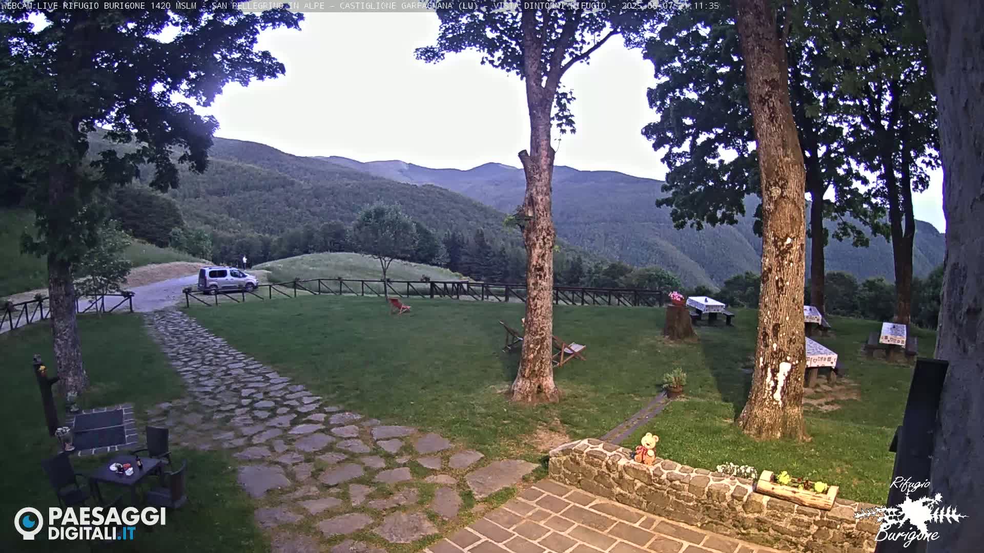 A stone path leads to a grassy area with picnic tables and trees, overlooking a mountain range under a partly cloudy sky.