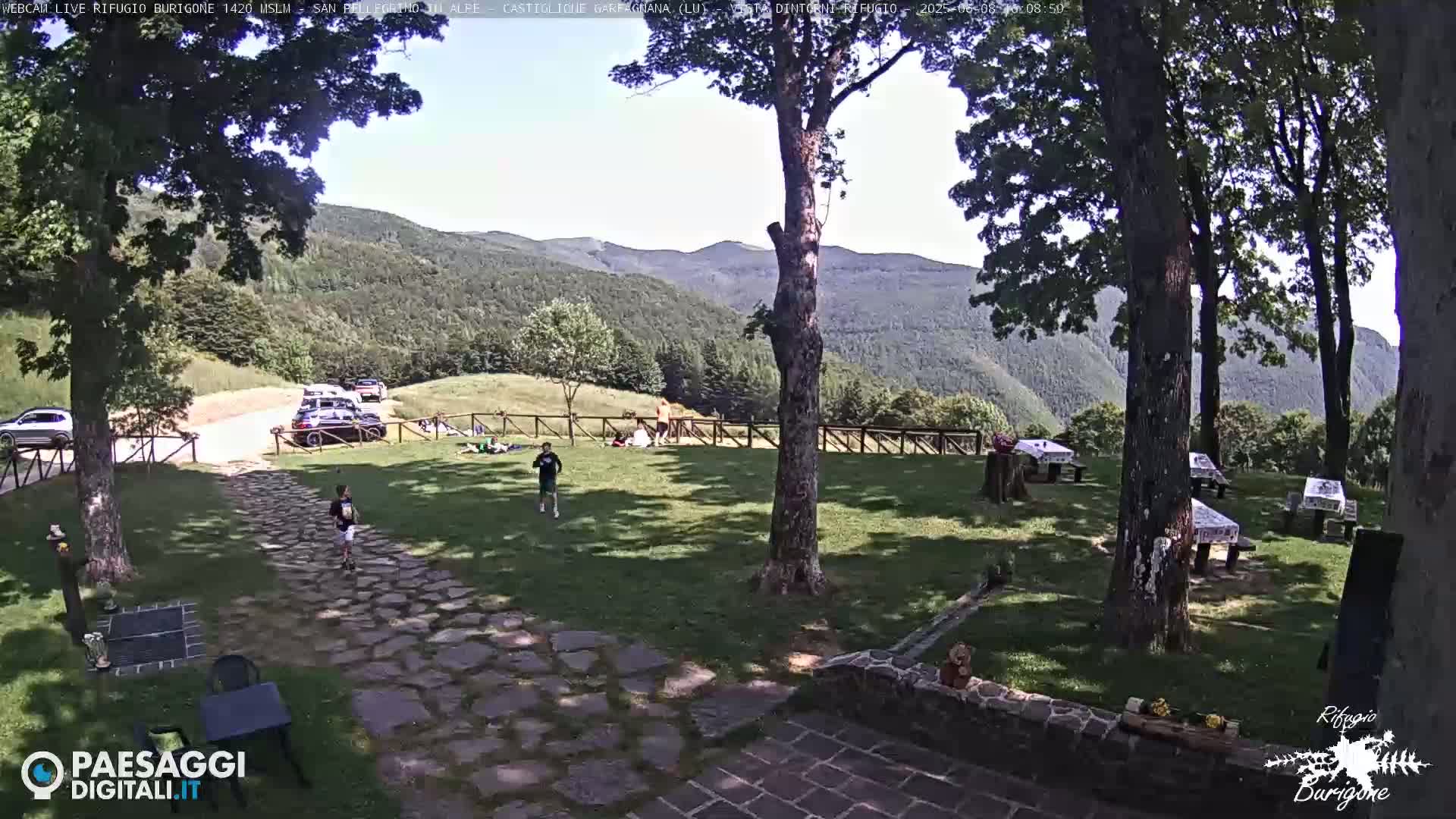 A grassy area with several picnic tables, a stone pathway, and a few people, is situated in front of a parking lot and a mountain range under a sunny sky.