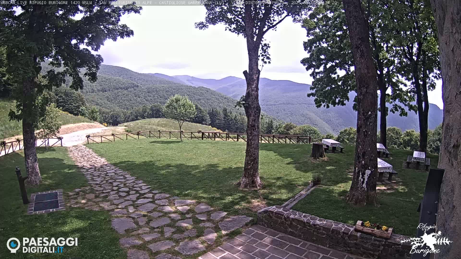 A stone path leads to picnic tables situated on a grassy area surrounded by trees, with a view of distant mountains under a mostly sunny sky.