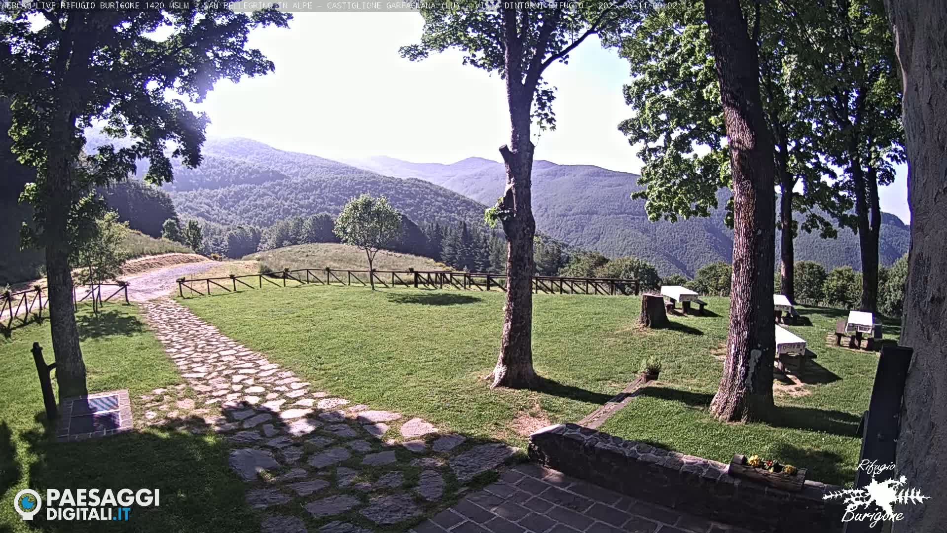 A stone path leads to a grassy area with several park benches under leafy trees, overlooking a mountain range on a sunny day.