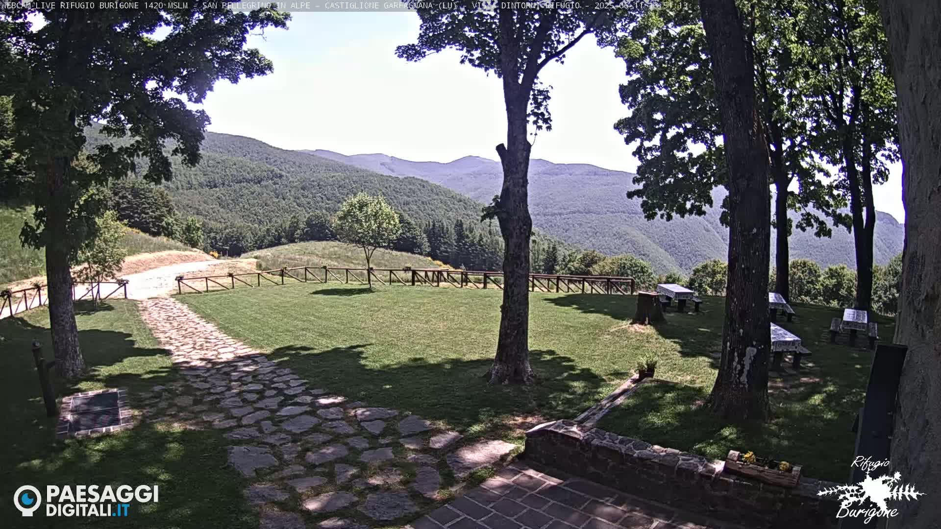 A stone path leads to a grassy area with picnic tables under leafy trees, all overlooking a mountainous landscape under a mostly sunny sky.