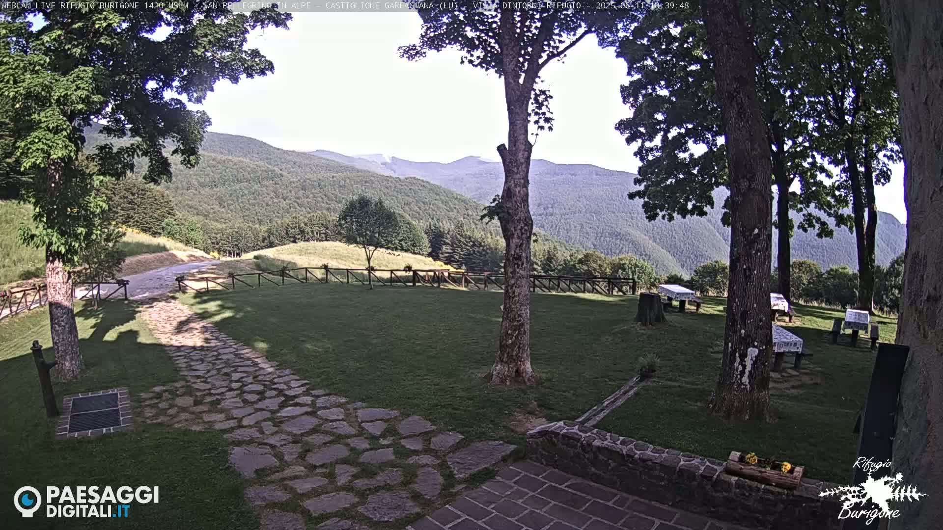 A stone path leads to a grassy area with several picnic tables under trees, all overlooking a mountain range on a partly sunny day.