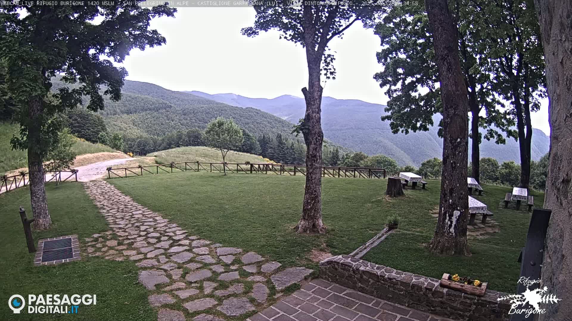 A stone path leads to several picnic tables situated on a grassy area, with a view of rolling green hills and trees under an overcast sky.
