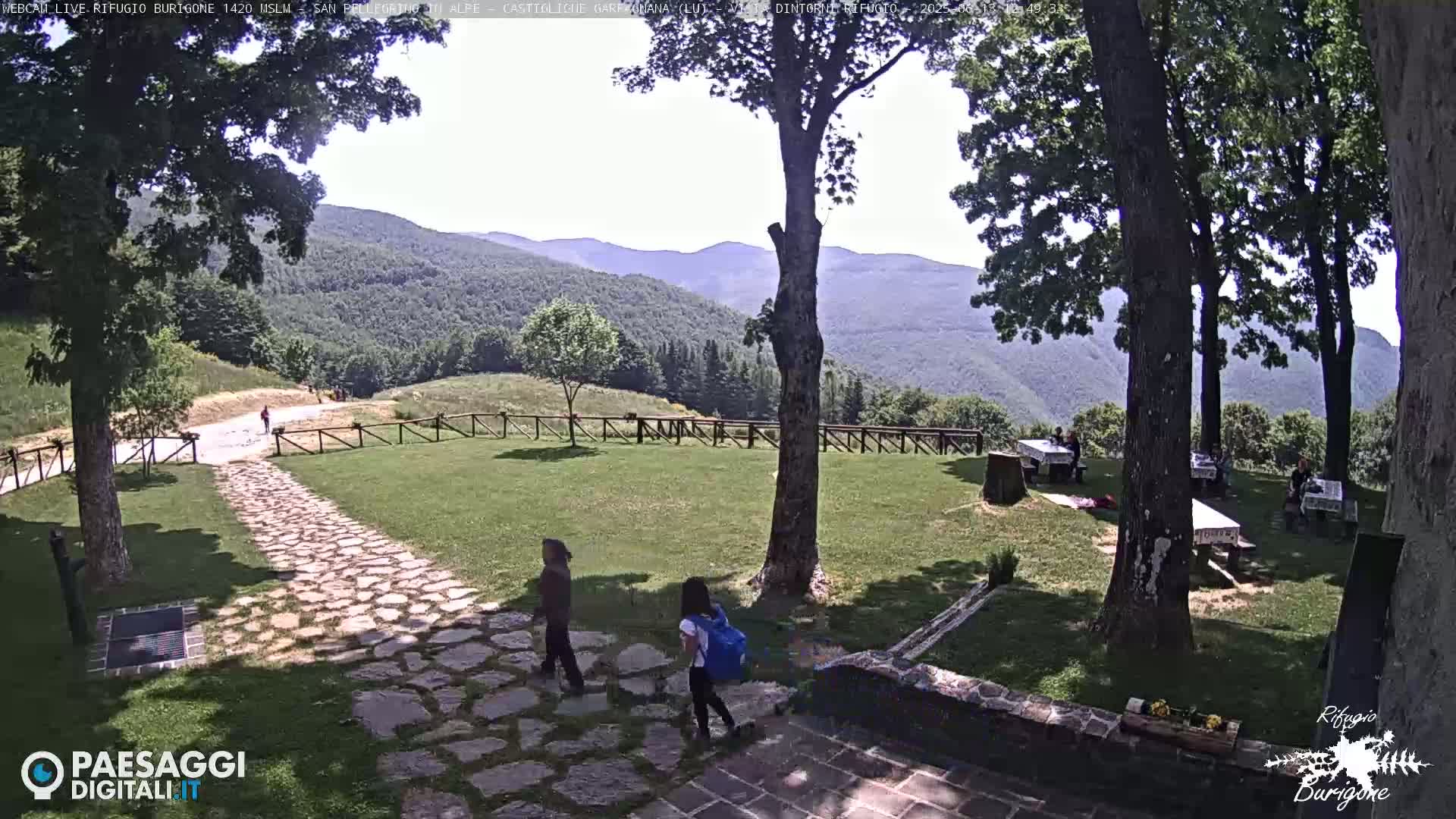 A stone path winds through a grassy area with several picnic tables under large trees, offering a view of rolling green hills under a sunny sky.