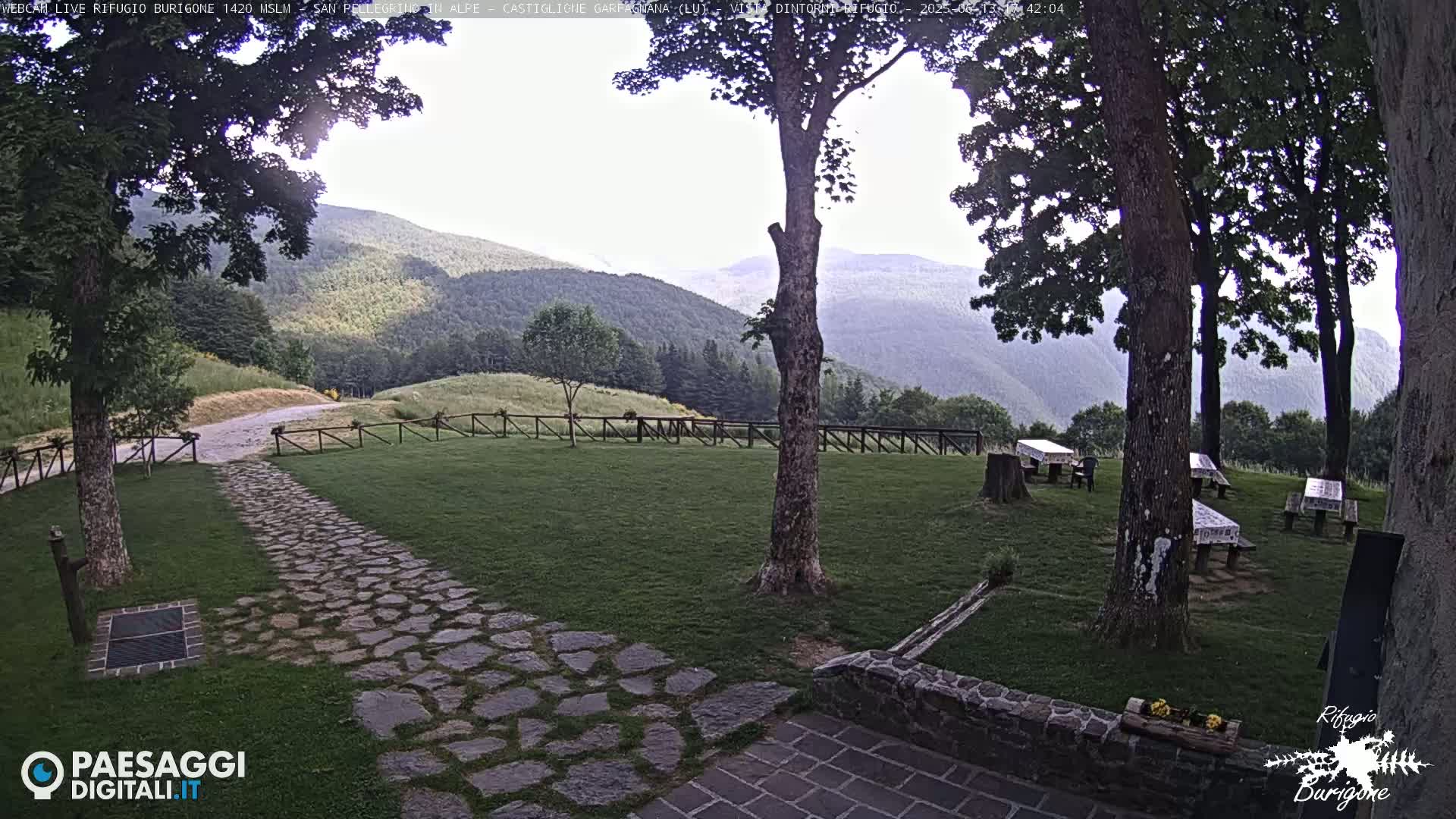 A stone path leads to a grassy area with several picnic tables beneath trees, all overlooking a hazy mountain range under a partly cloudy sky.