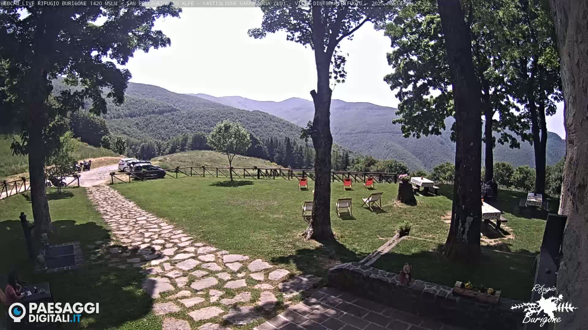 A stone path leads to a grassy area with several picnic tables, lounge chairs, and parked cars, all set against a backdrop of rolling green hills under a mostly sunny sky.