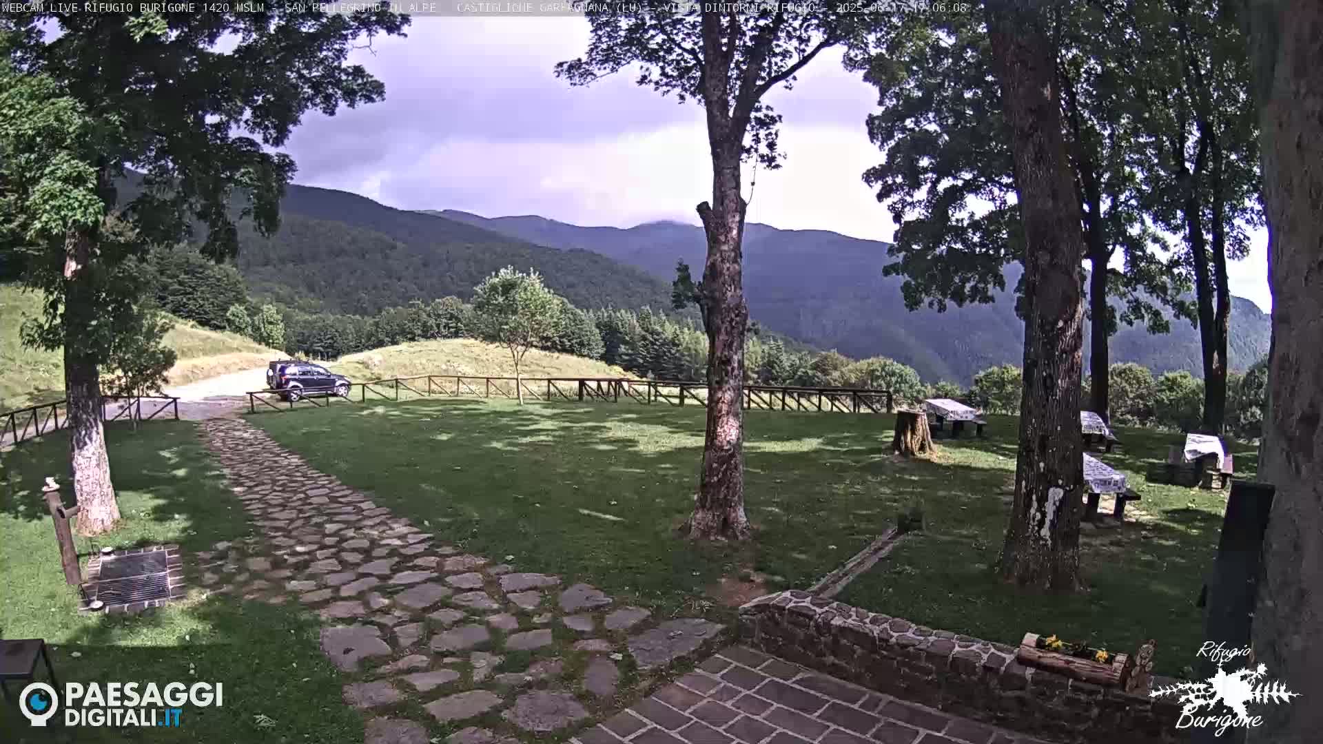 A stone path leads to a parked car in a grassy area with picnic tables under partly cloudy skies, beyond which are mountains covered in forest.