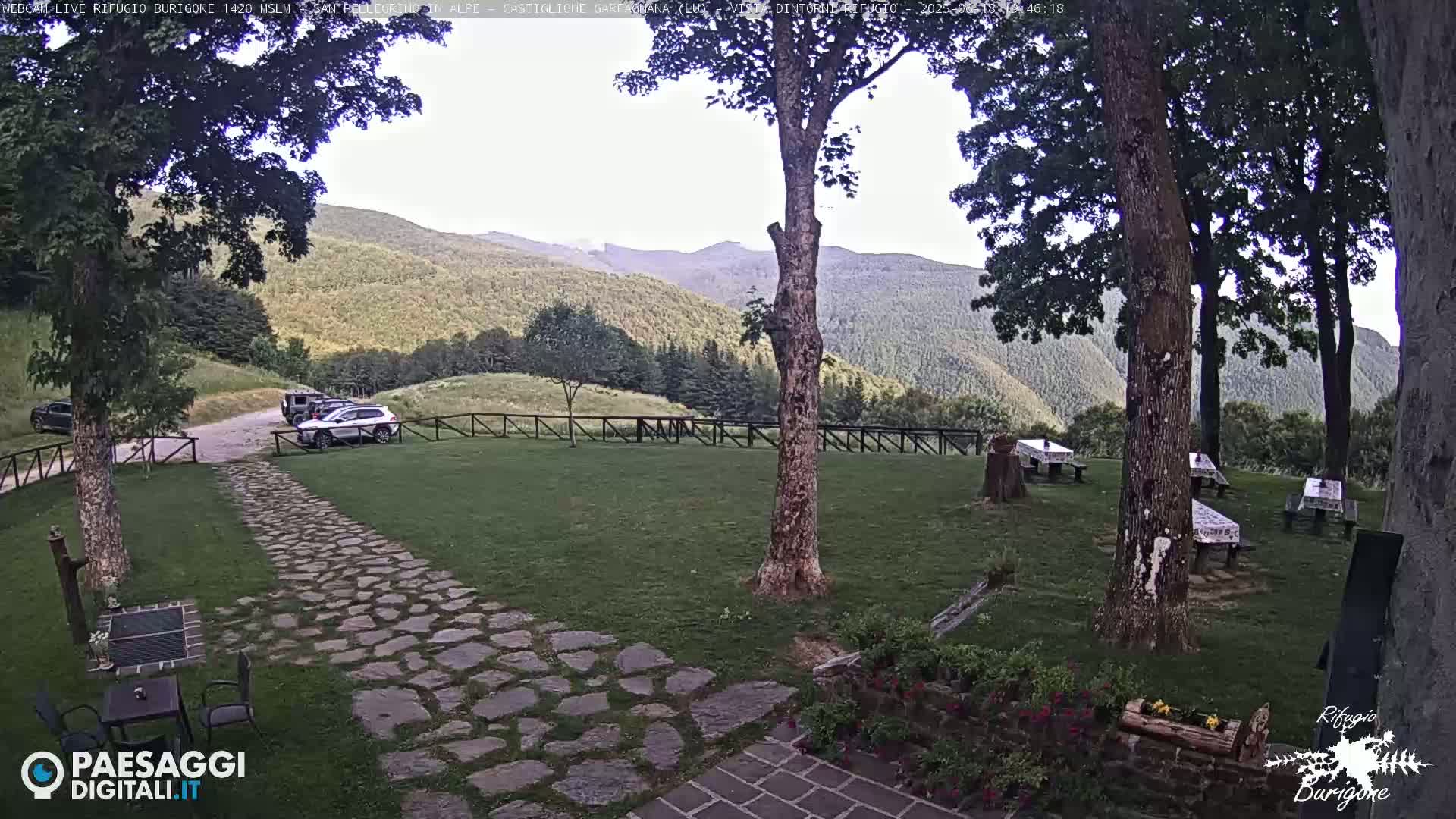 A stone path leads to a grassy area with picnic tables and several cars parked nearby, all set against a backdrop of verdant mountains under a mostly clear sky.