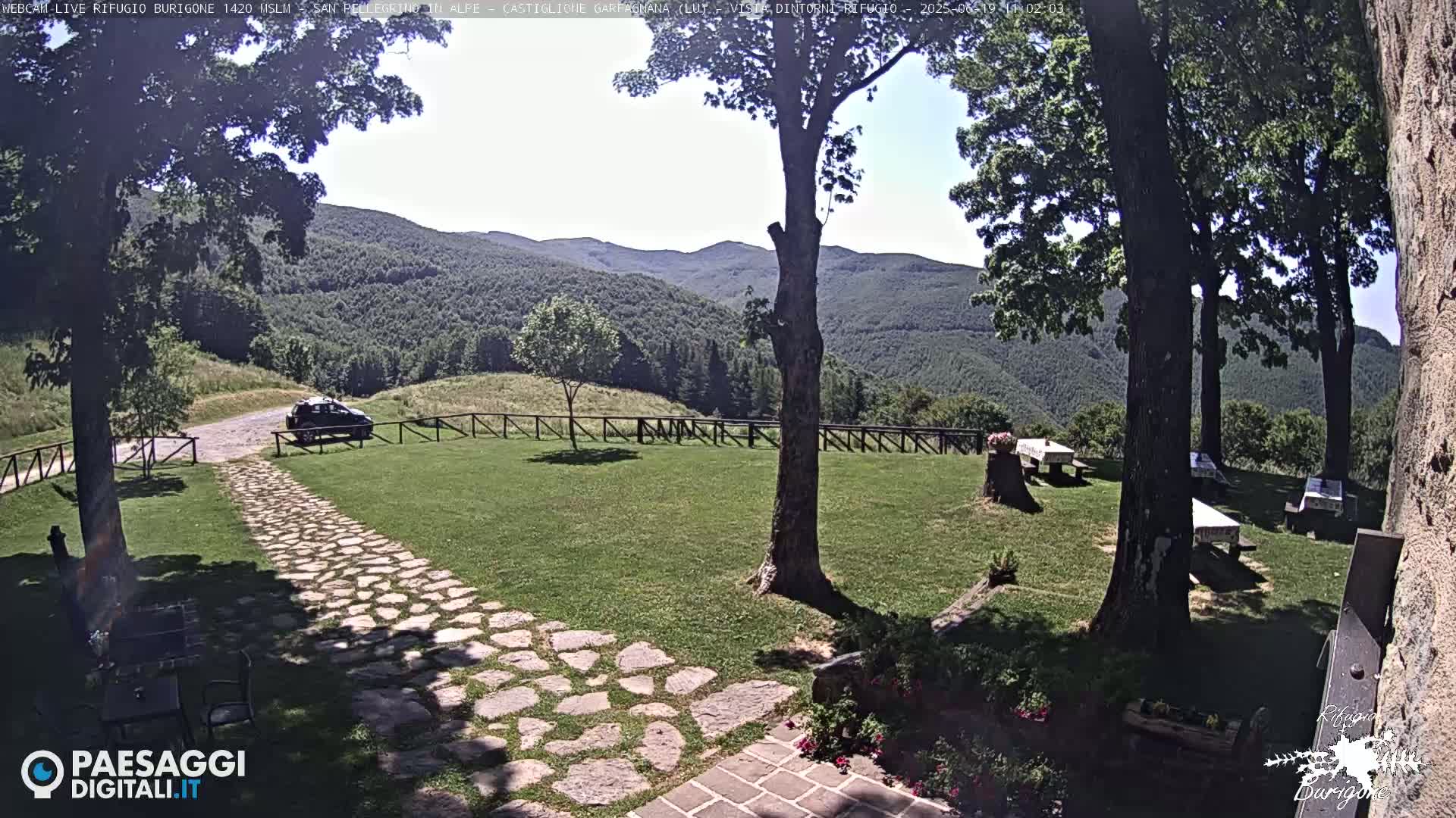 A stone pathway leads to a grassy area with picnic tables under shady trees and a parked car, all overlooking a sunny mountainous landscape.