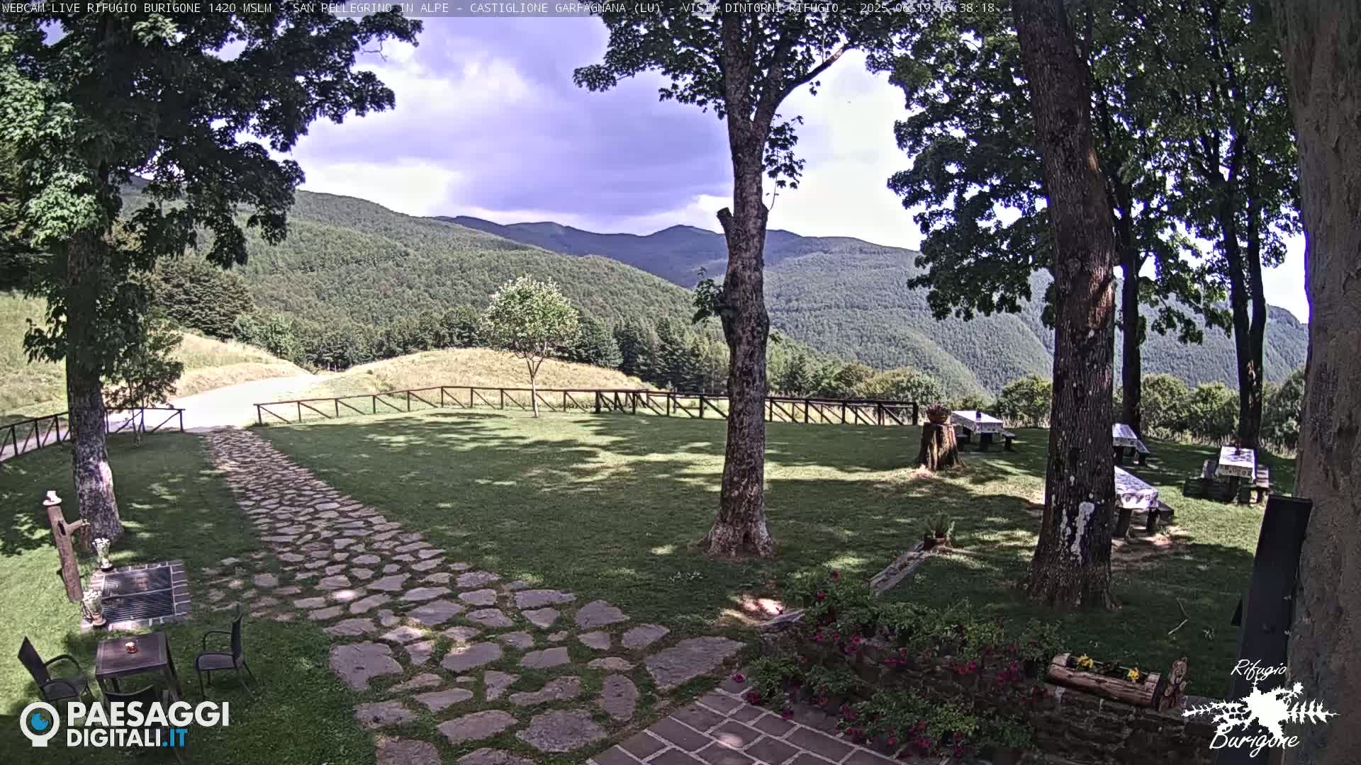 A stone path leads to a grassy area with picnic tables under the shade of trees, overlooking a mountain range under partly cloudy skies.