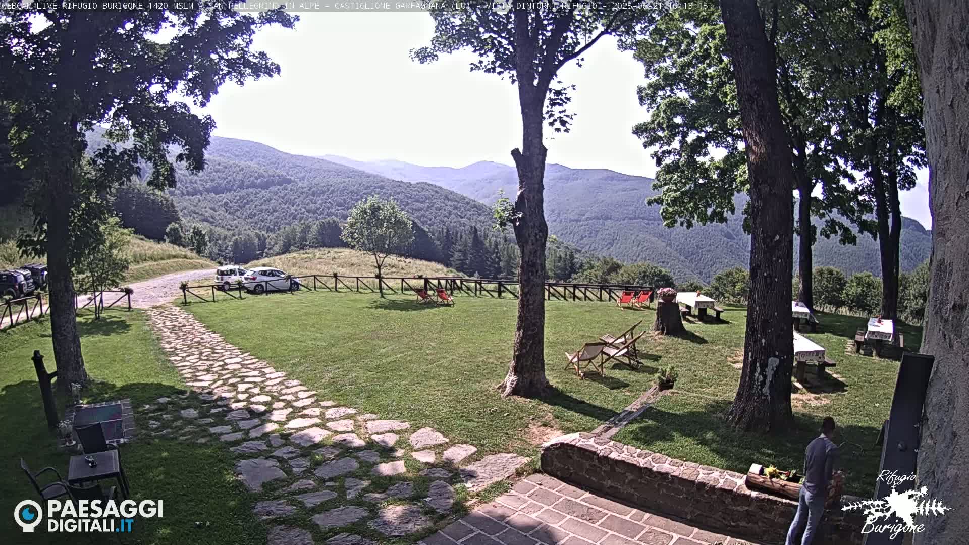 A stone path leads to a grassy area with several picnic tables and lounge chairs, set against a backdrop of a mountain range under a sunny sky.