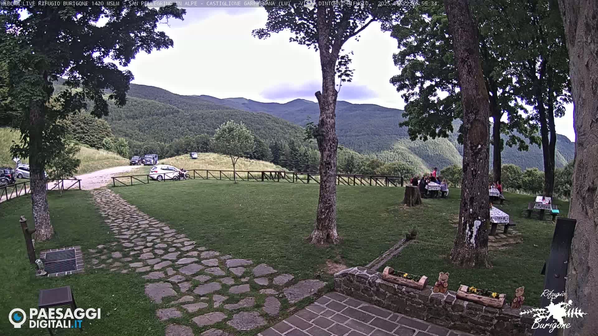 A stone pathway leads to a grassy area with picnic tables surrounded by trees and a mountain view under a partly cloudy sky.