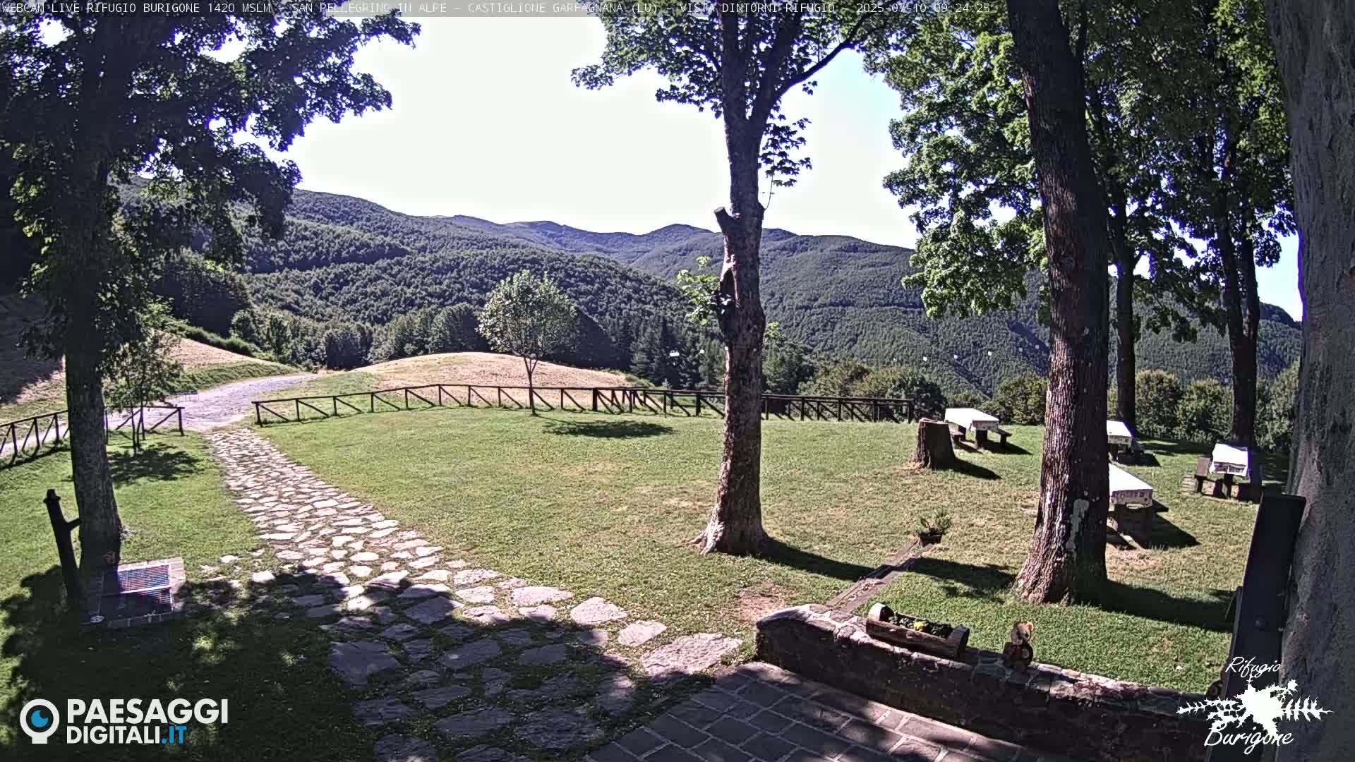 A stone path leads to picnic tables situated on a grassy area, overlooked by trees and hills under a sunny sky.