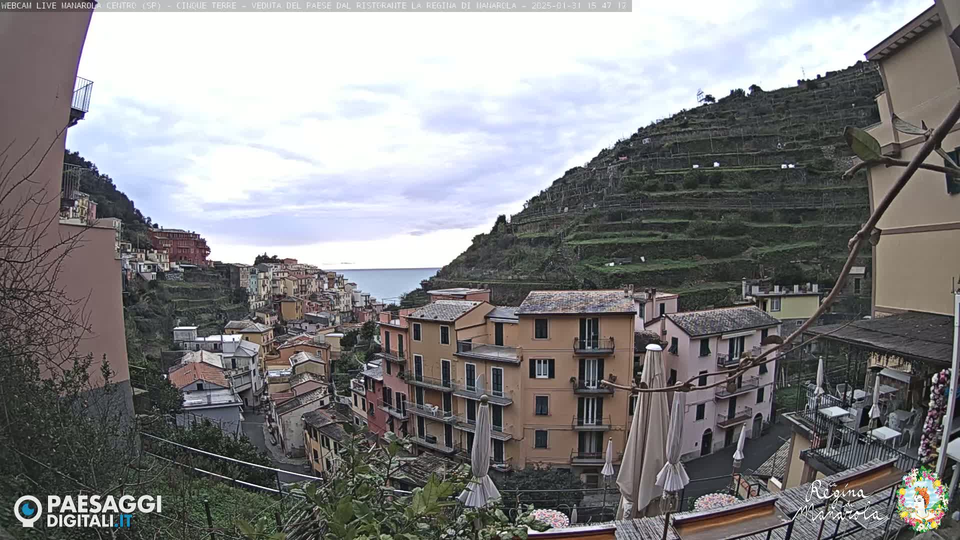 A picturesque coastal town, nestled on a hillside with terraced gardens, is partially obscured by an overcast sky.