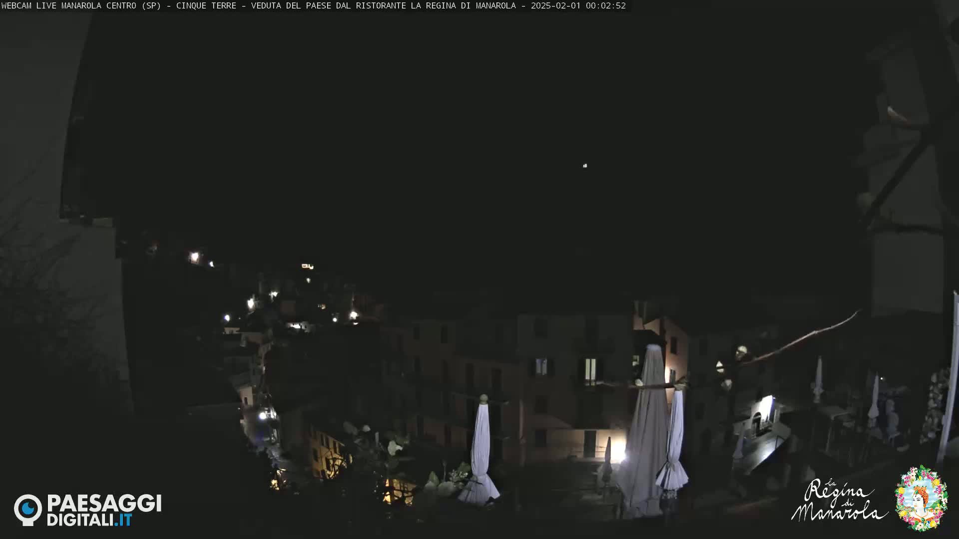 A nighttime, high-angle view of a small, dark village with a few lights visible, and several closed umbrellas in the foreground.