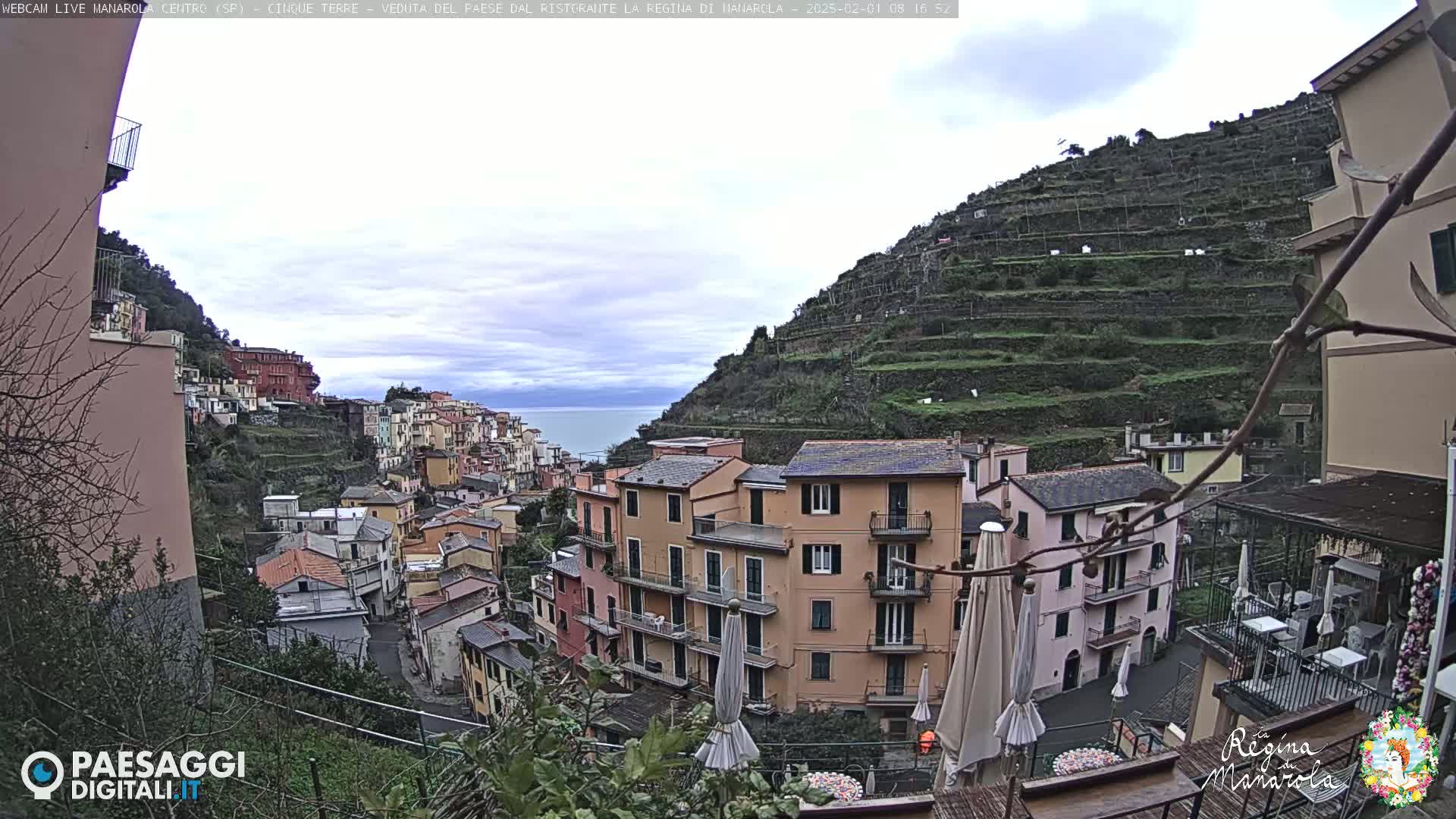 A coastal village with colorful buildings on terraced hillsides overlooks a calm sea under a cloudy sky.