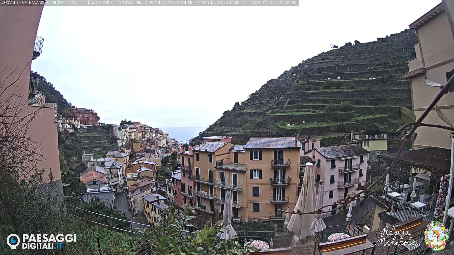 A hillside village of colorful buildings overlooks the ocean under an overcast sky.