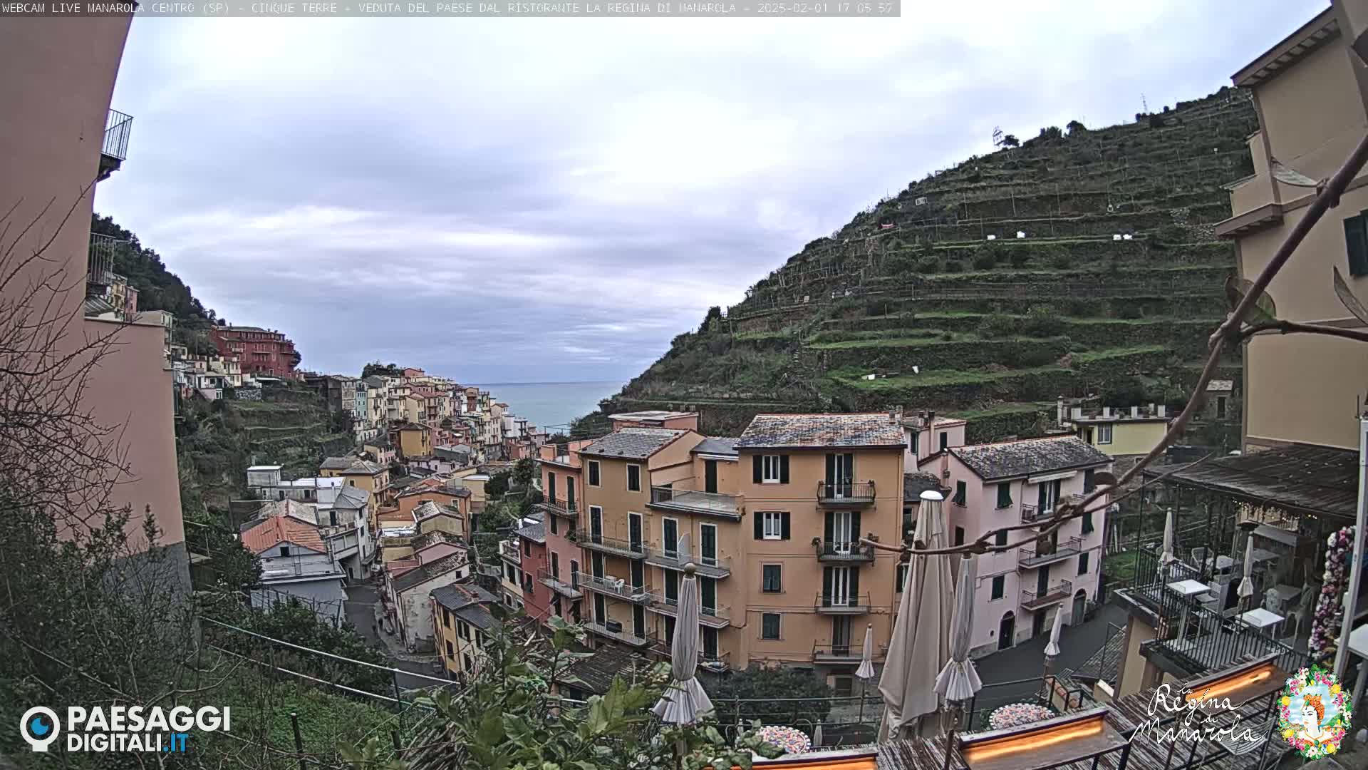 A coastal village clings to a hillside terraced with greenery, under a cloudy sky, overlooking a calm sea.