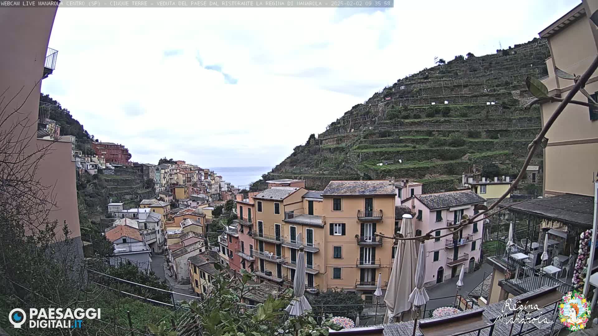 A view of a hillside village with pastel-colored buildings, terraced vineyards, and a partly cloudy sky overlooks the ocean.