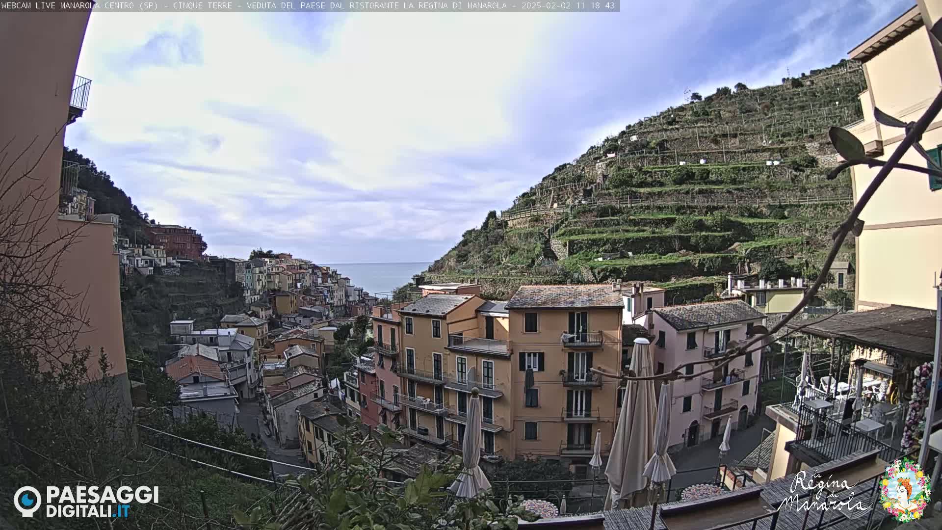 A coastal village clings to a hillside under a partly cloudy sky, terraced vineyards rising above colorful buildings and a calm sea in the distance.