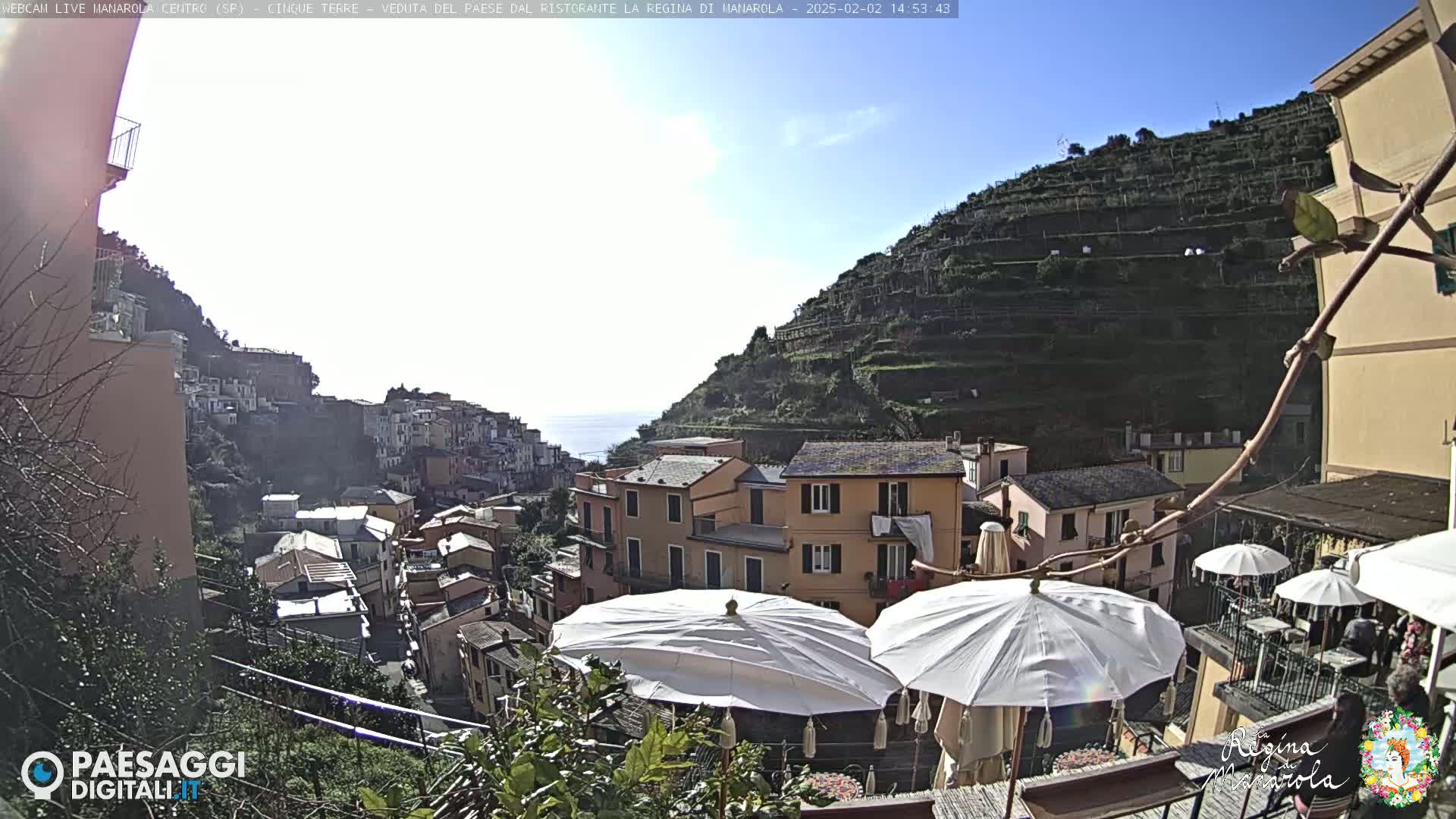 A sunny view of a hillside village with terraced vineyards, overlooking a body of water, partially obscured by white patio umbrellas.