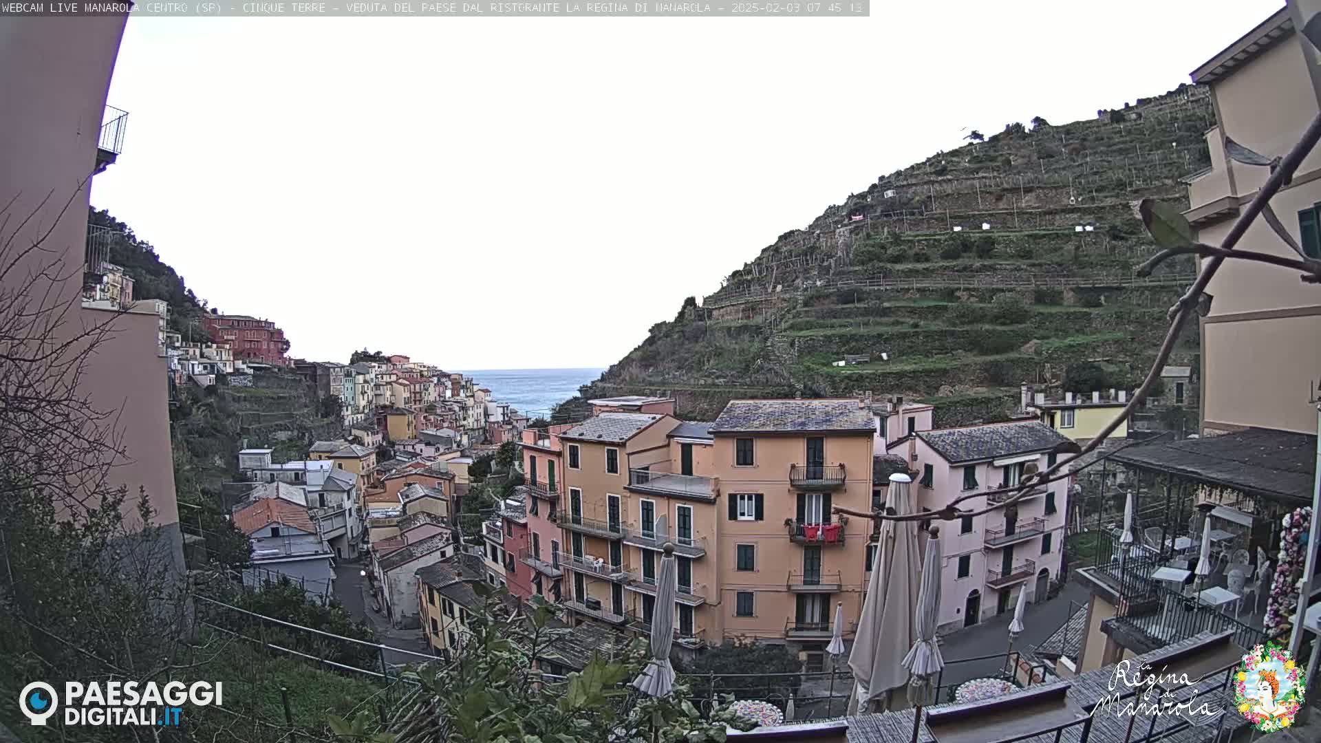 A coastal village with colorful buildings clinging to a hillside overlooks a calm sea under an overcast sky.