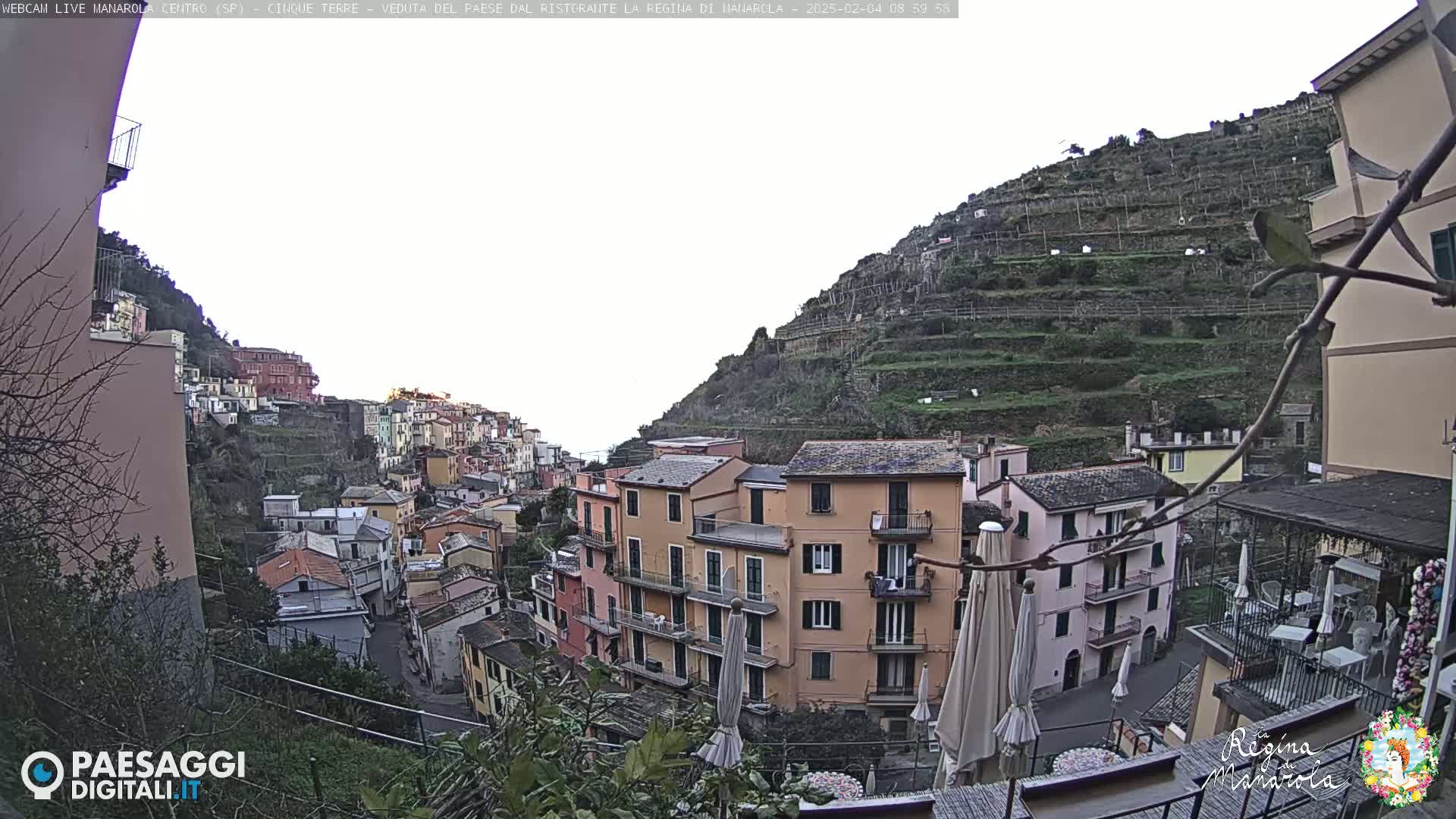 A hillside village of colorful buildings, terraced vineyards, and overcast skies is seen from a high vantage point.