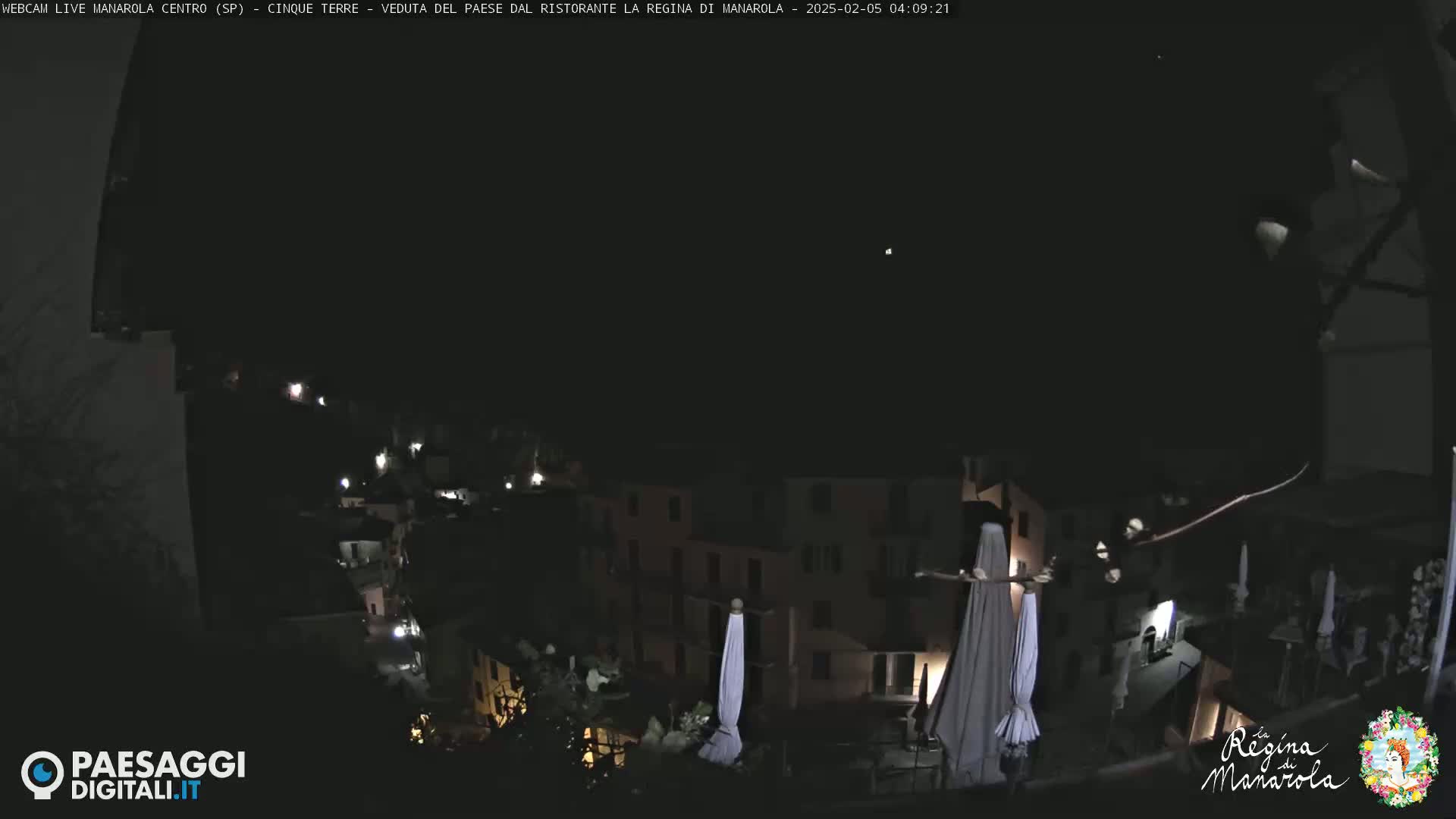A nighttime, dark view of a village illuminated by scattered lights.