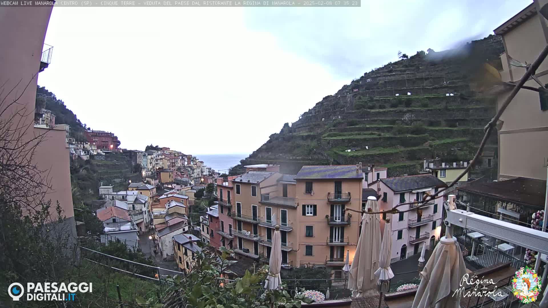 A hillside village with pastel-colored buildings overlooks a calm ocean under an overcast sky.