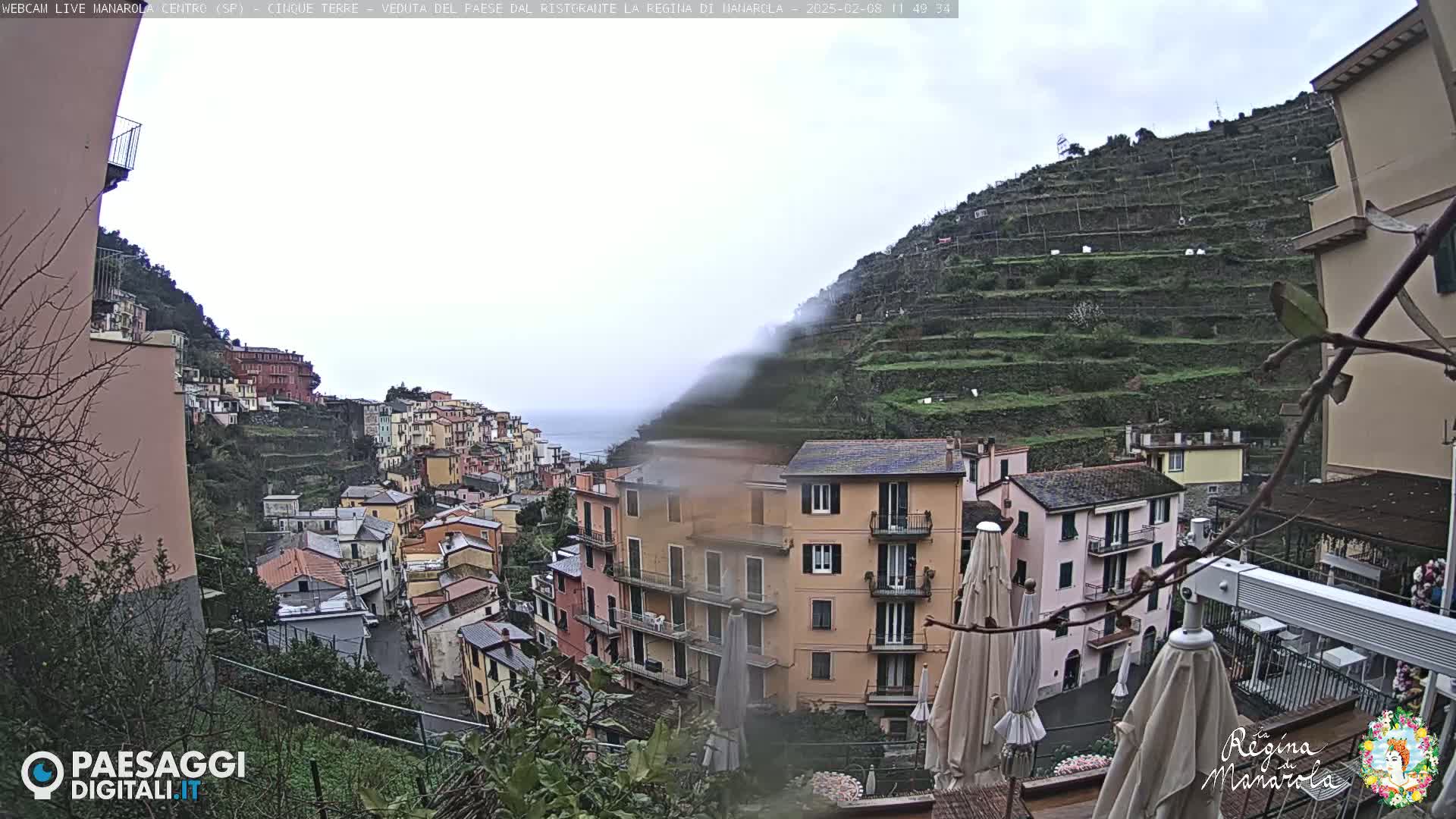 A misty, overcast day reveals a hillside village of colorful buildings terraced into a steep, cultivated slope overlooking the sea.