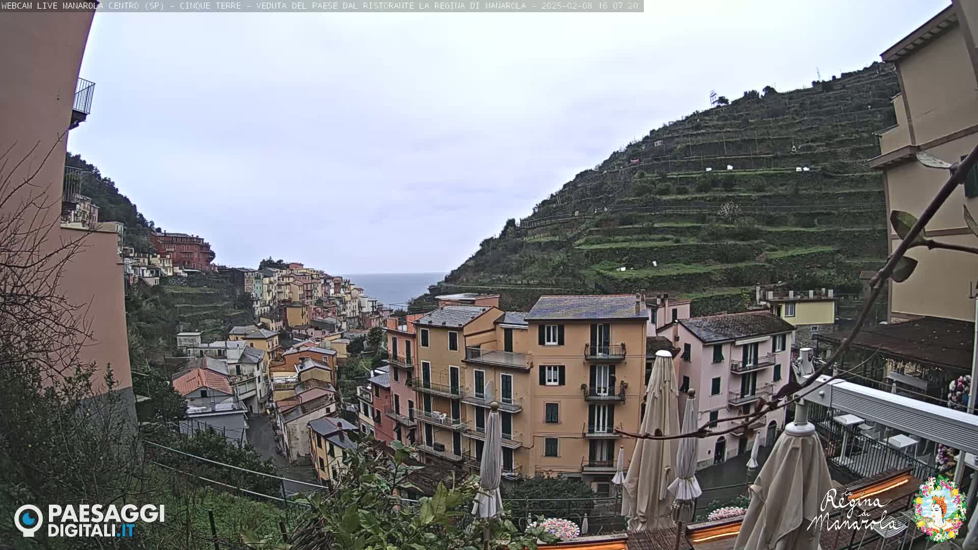 A hillside village overlooks the ocean under an overcast sky, terraced hills rising behind colorful buildings.