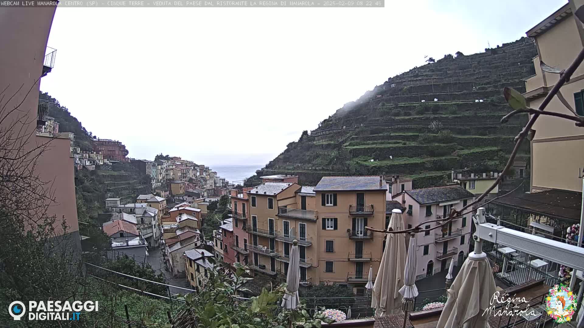 A hillside village of colorful buildings overlooks a terraced hillside and the sea under an overcast sky.