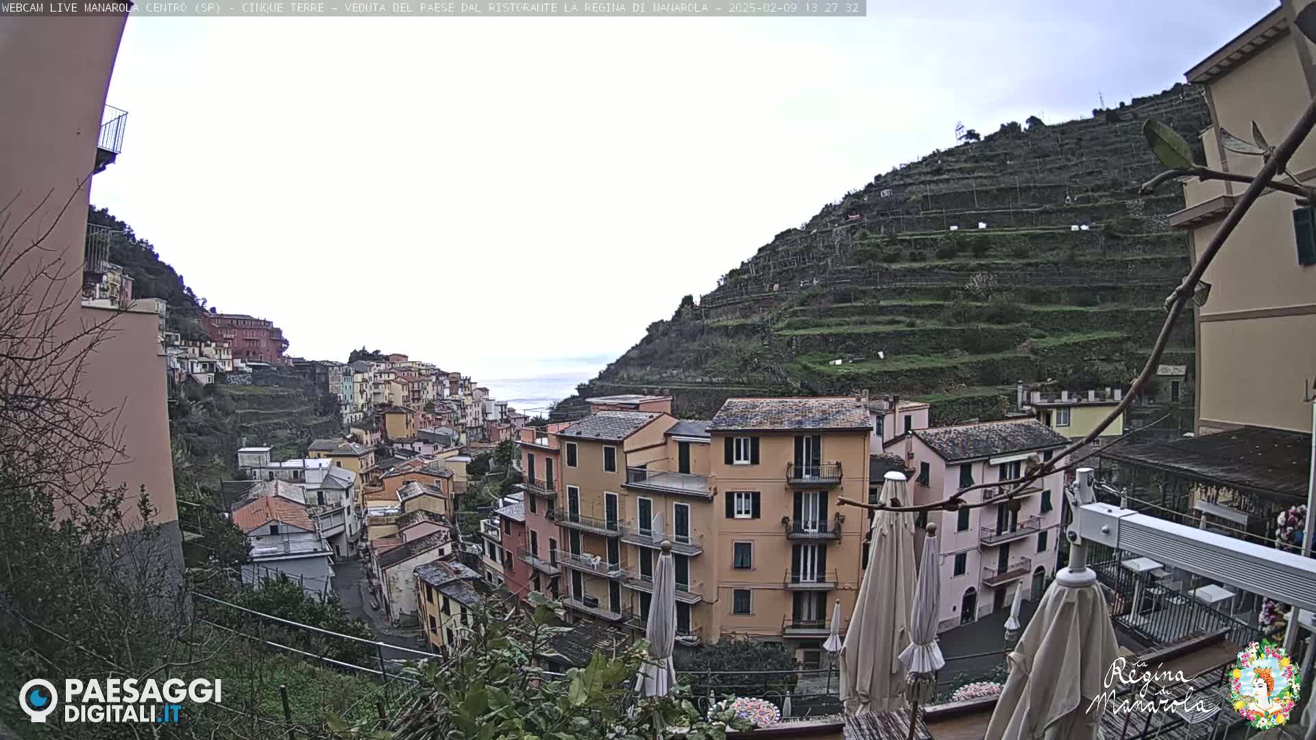 A hillside village with pastel-colored buildings overlooks a terraced hillside and the sea under an overcast sky.