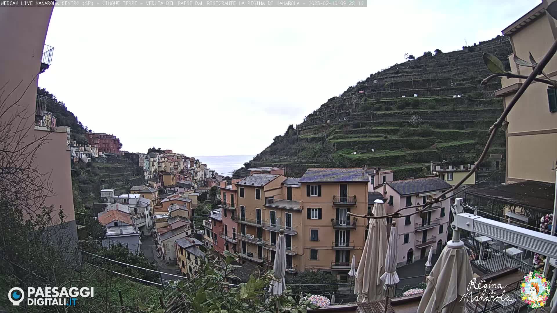 A coastal village clings to a hillside overlooking a calm sea under an overcast sky, terraced farms rising above the colorful buildings.