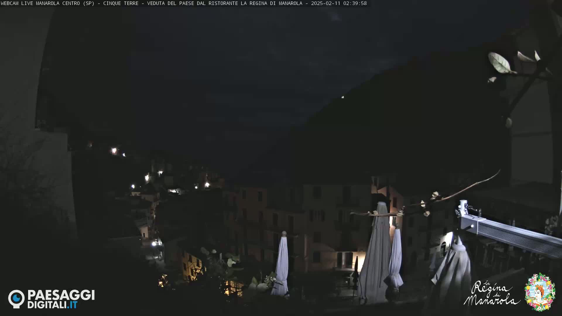 A nighttime view of a coastal village with dimly lit buildings nestled against a dark hillside under a mostly clear sky.