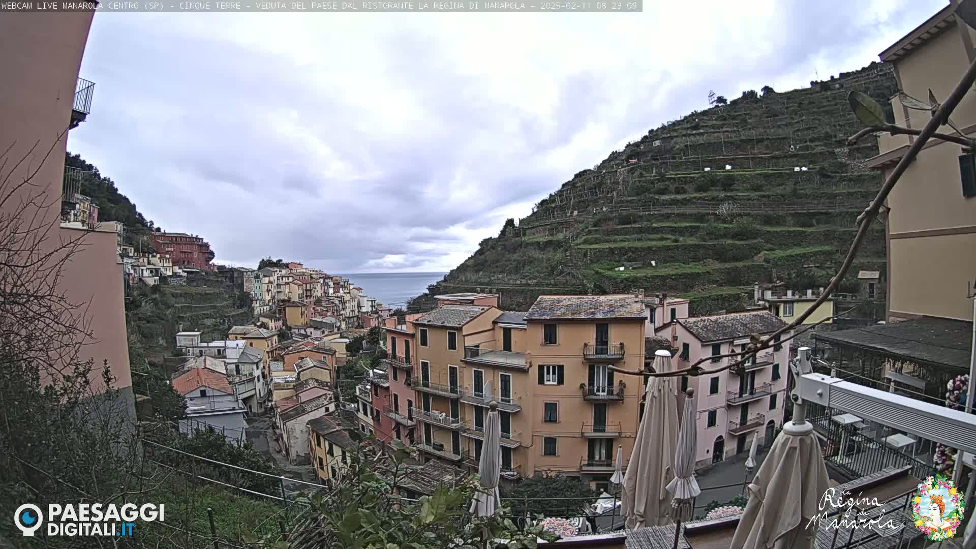 A hillside village with colorful buildings overlooks a calm sea under a cloudy sky.