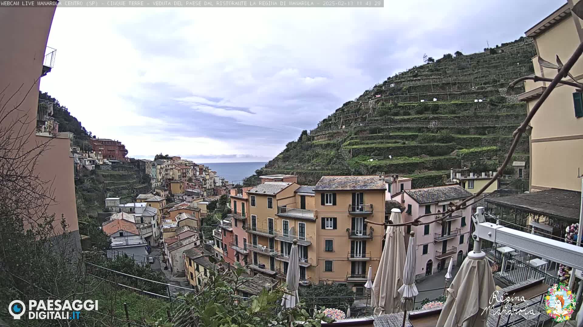 A view of a hillside village with colorful buildings, terraced vineyards, and the ocean in the distance under a partly cloudy sky.