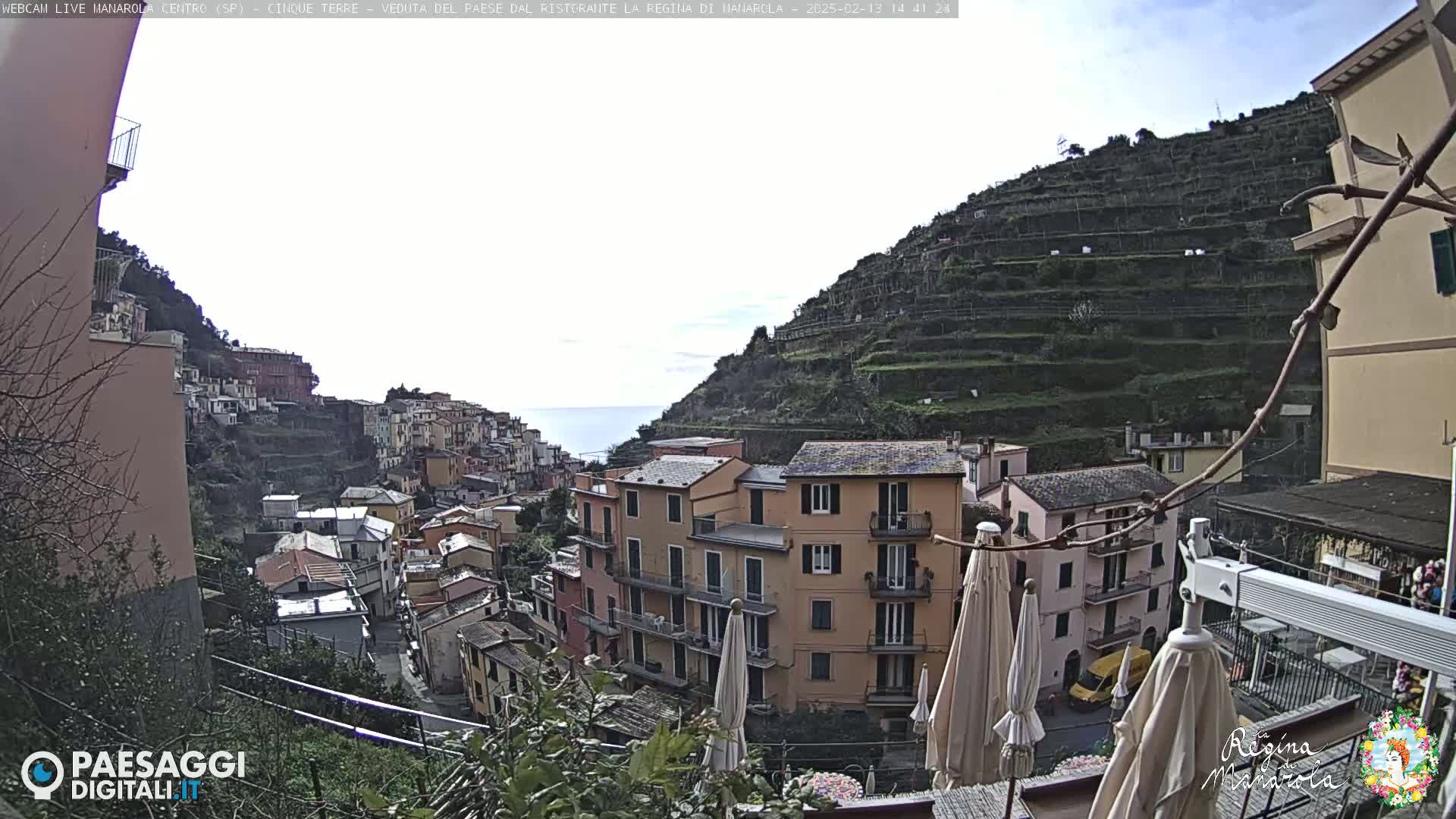 A hillside town overlooks the ocean under a mostly clear sky; terraced hillsides are visible behind multi-story buildings with patio umbrellas.