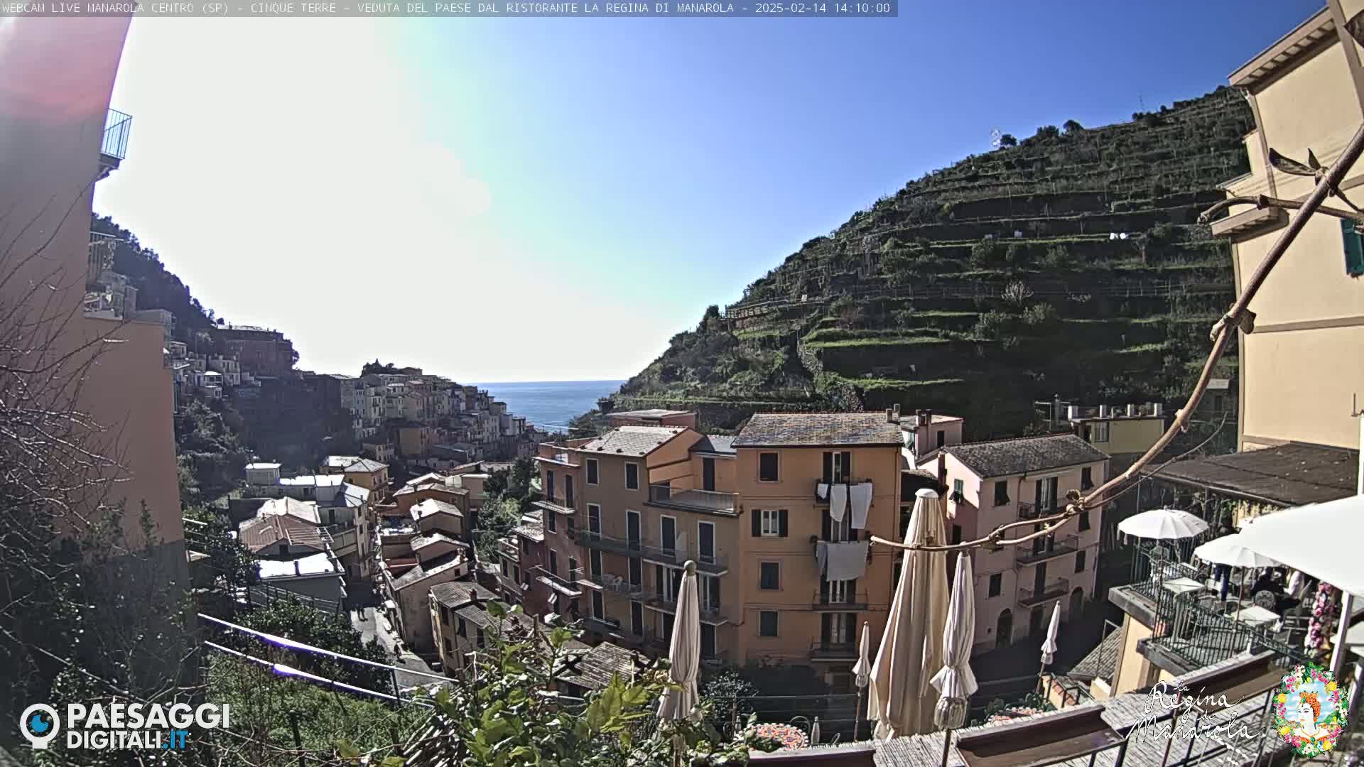 A sunny day overlooking a colorful Italian village nestled on a hillside overlooking the ocean, with terraced gardens rising steeply behind it.