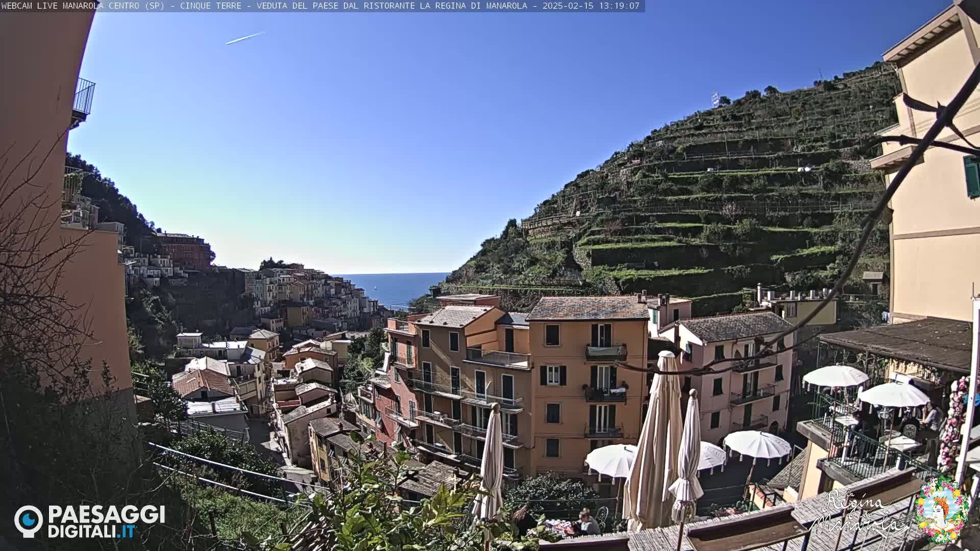 A sunny coastal village with colorful buildings on a hillside overlooking the sea, terraced vineyards ascending the mountain behind.