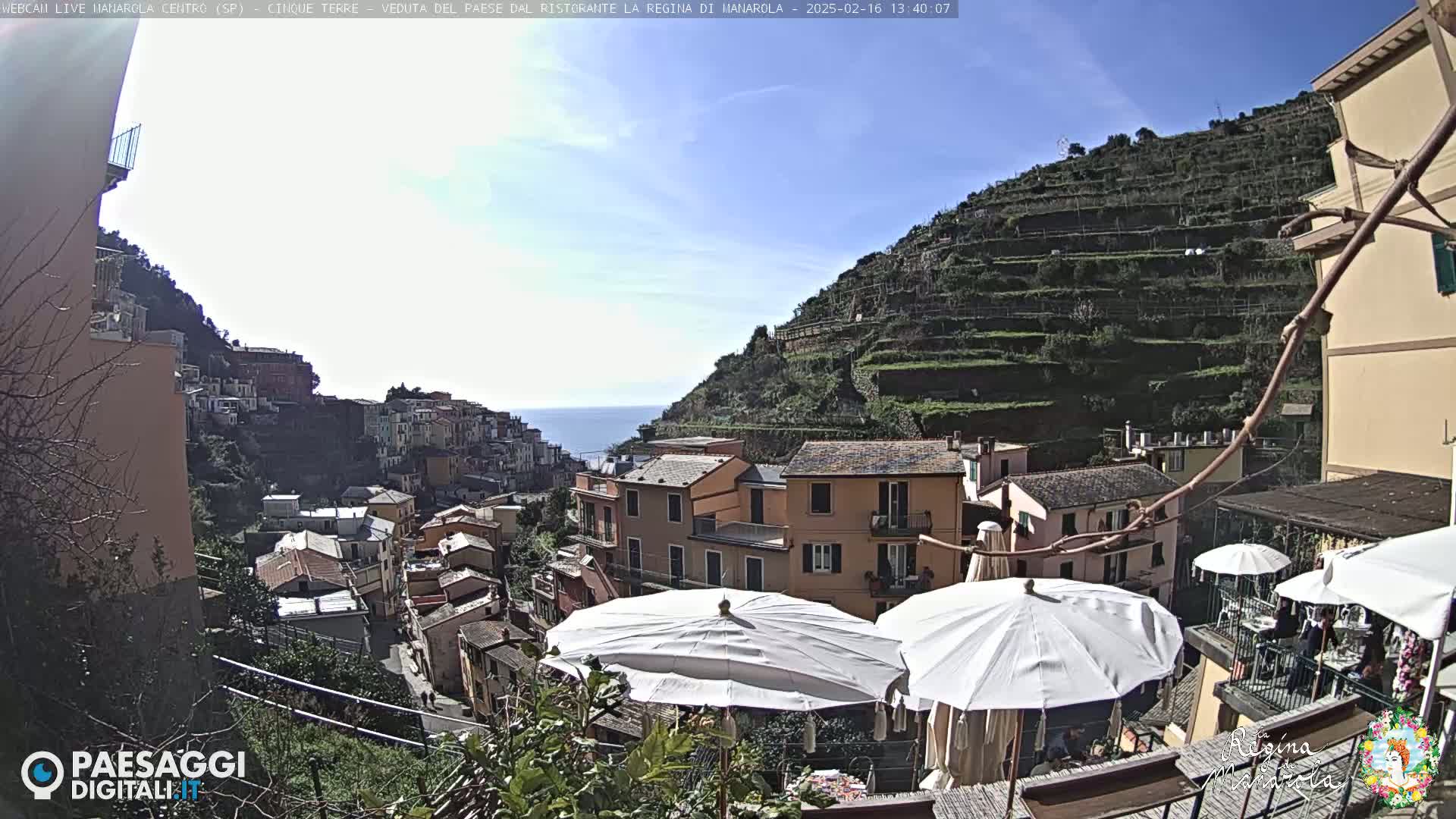 A sun-drenched coastal village clings to a hillside, terraced farms rising above white patio umbrellas.
