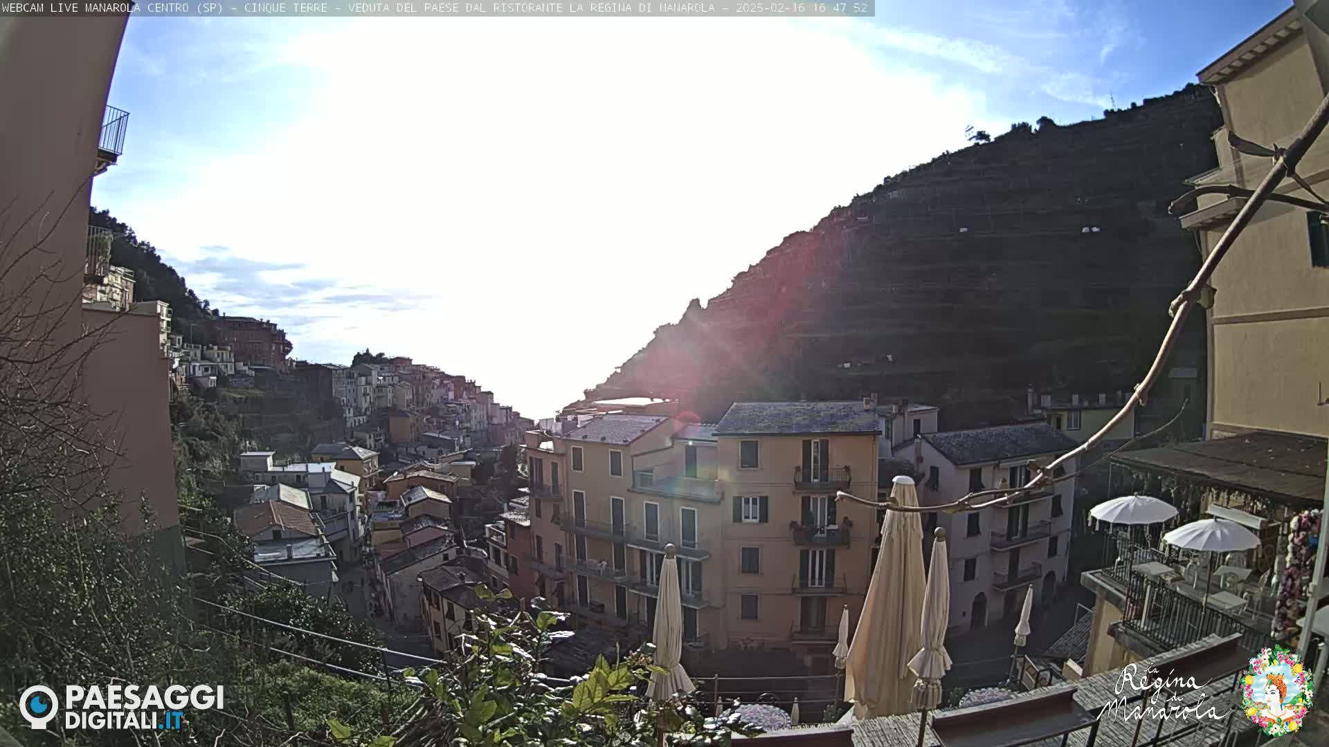A sunny day overlooks a hillside village of colorful buildings, with several patio umbrellas visible in the foreground.