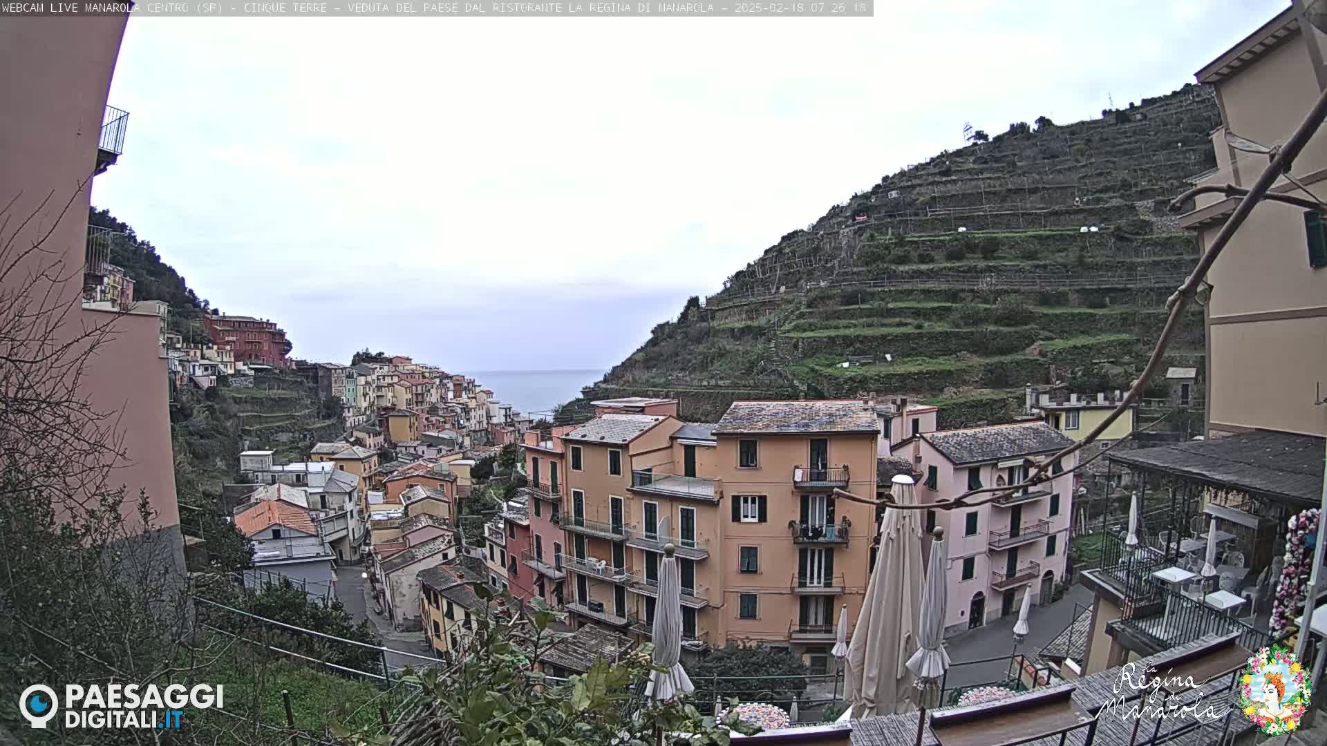 A hillside village with colorful buildings overlooks a calm sea under an overcast sky.