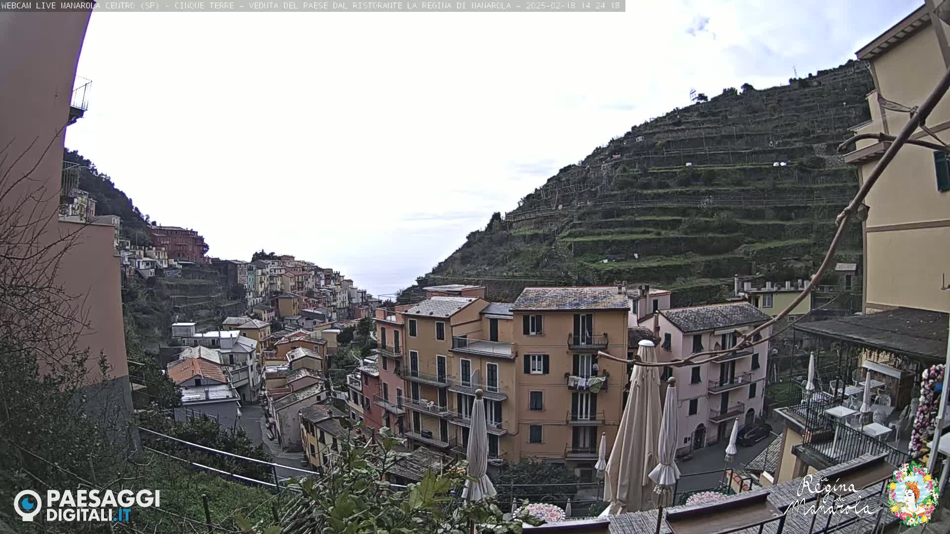 A hillside village of colorful buildings overlooks a terraced hillside and the sea under an overcast sky.