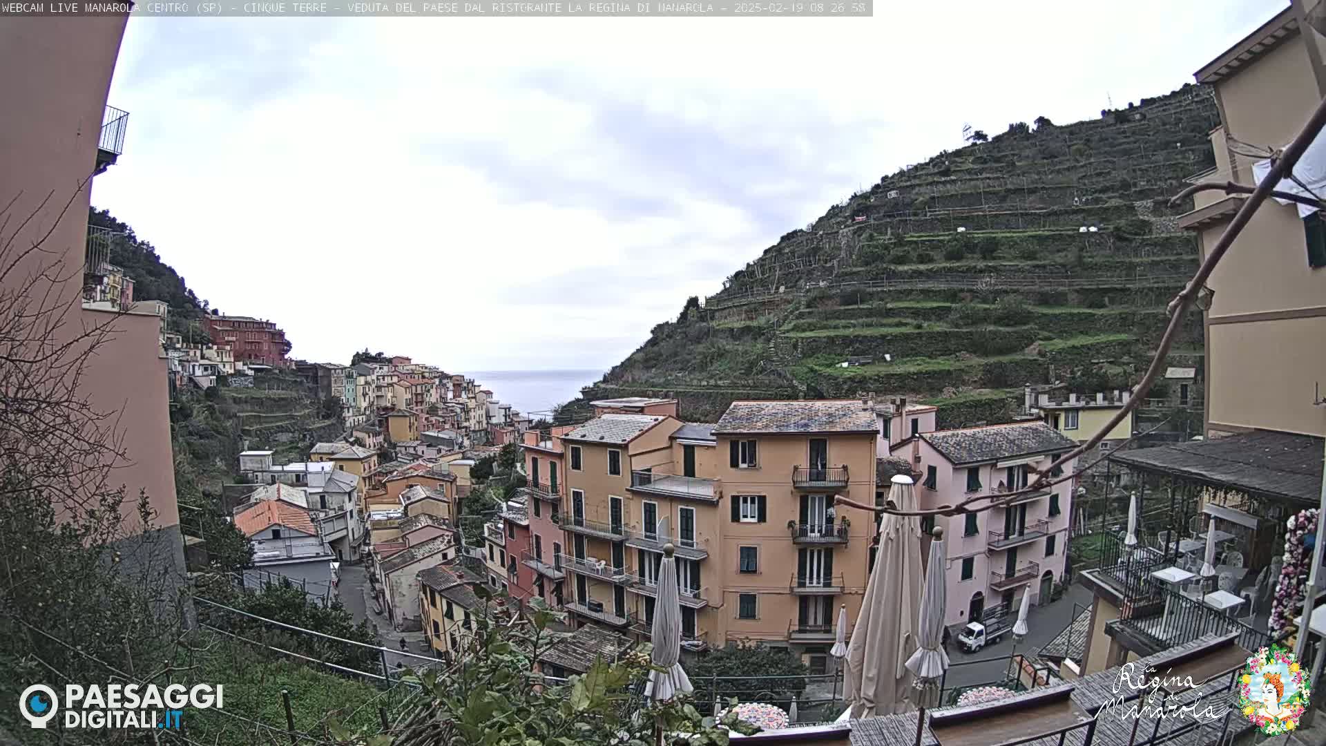 A hillside village with pastel-colored buildings overlooks a calm sea under an overcast sky.